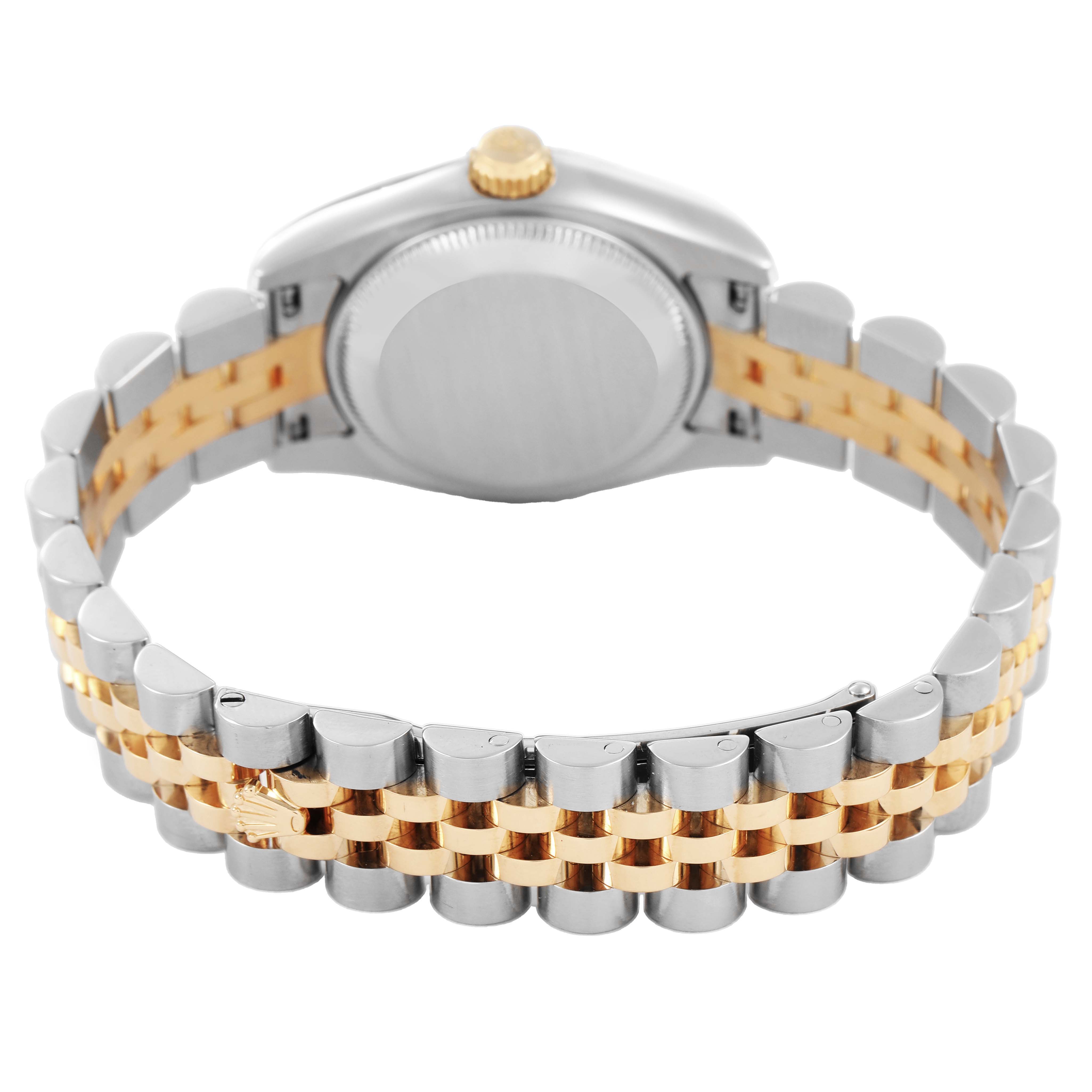 The image shows the back and bracelet of a Rolex Datejust 179173 Women's Steel and Gold (two tone) Champagne Dial watch, highlighting its two-tone gold and silver Jubilee band.