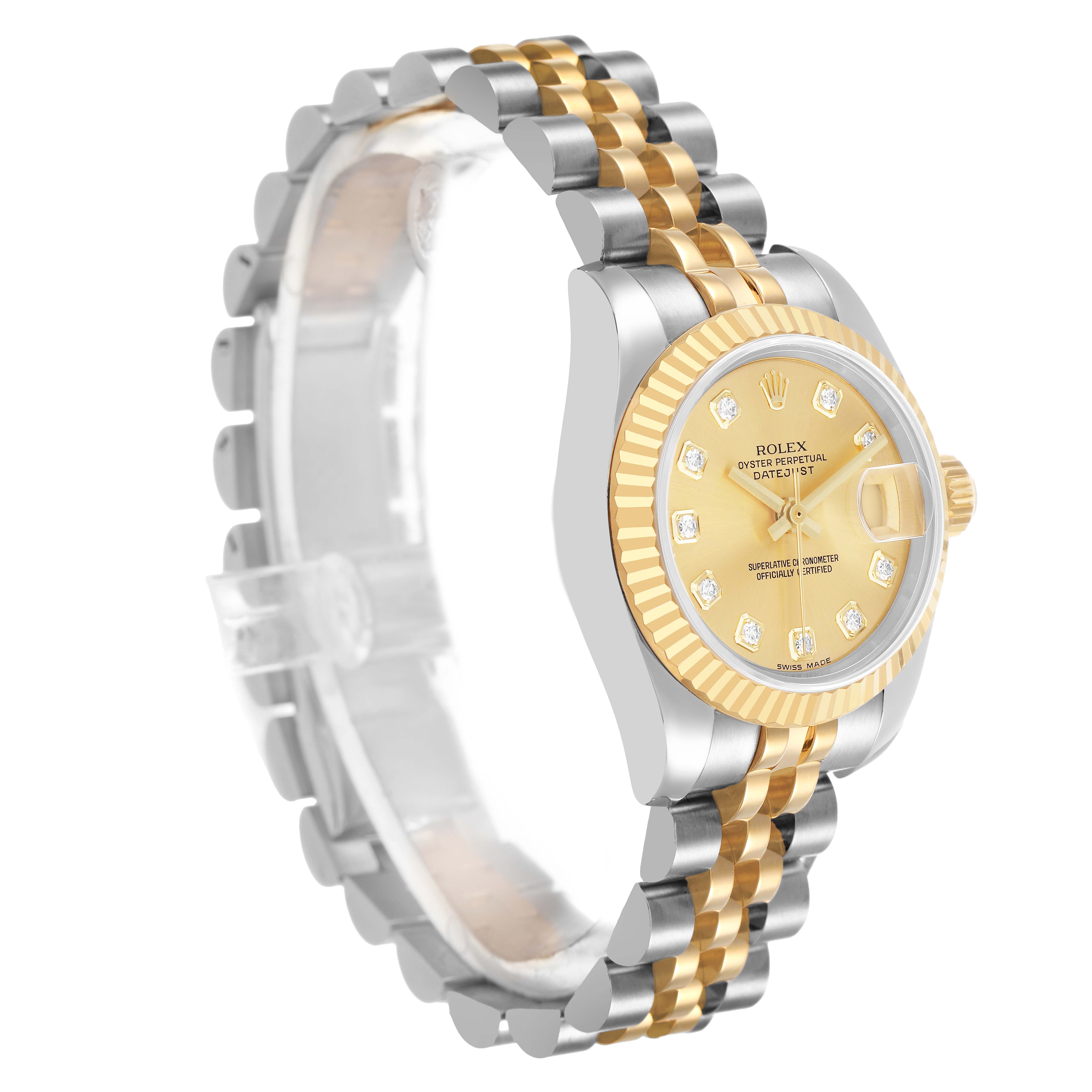 The Rolex Datejust 179173 Women's Steel and Gold (two tone) Champagne Dial watch is shown at a slight angle, highlighting its two-tone bracelet, fluted bezel, and diamond hour markers.