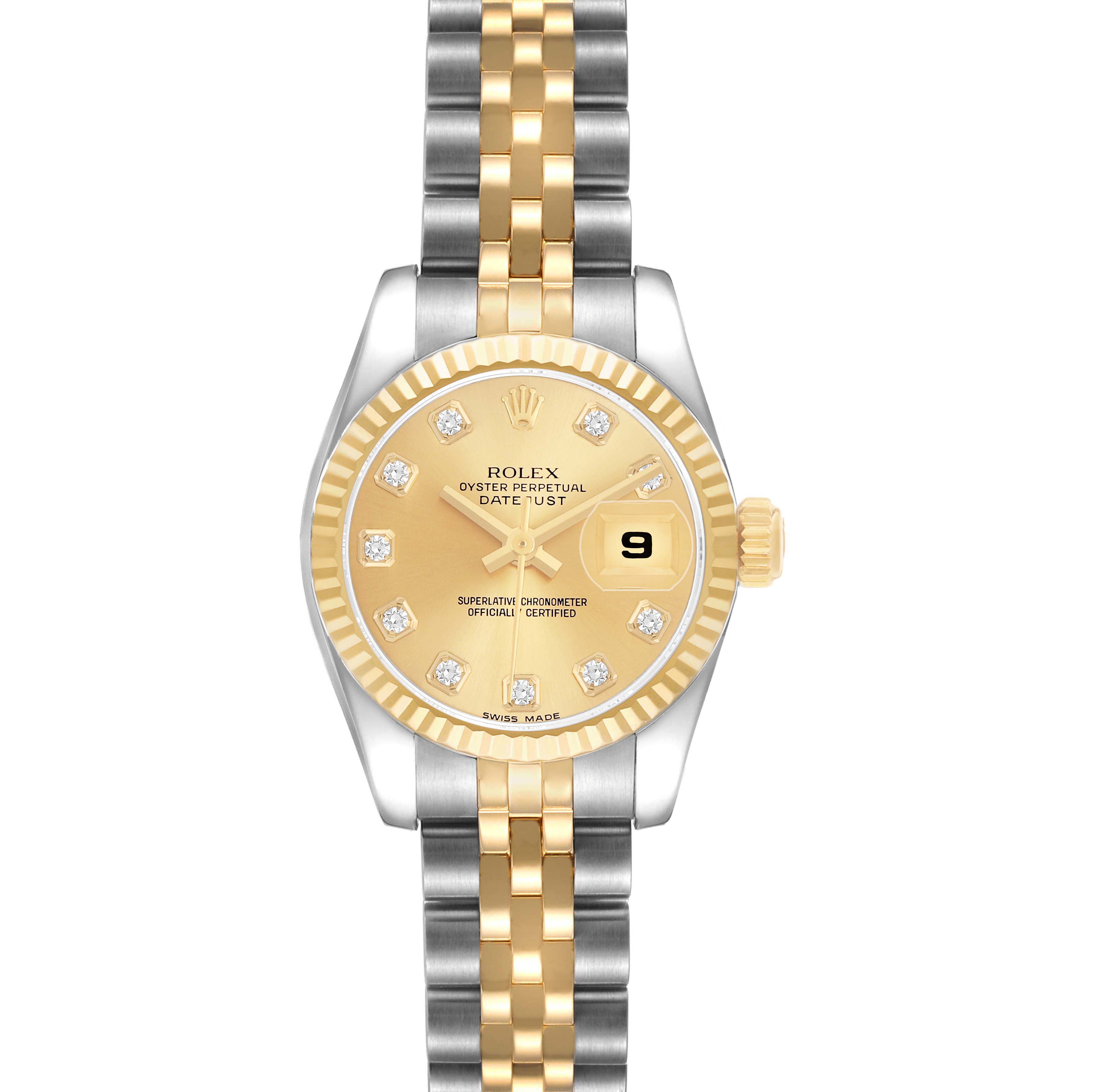 This Rolex Datejust 179173 Women's Steel and Gold (two tone) Champagne Dial watch is shown from the front, featuring a two-tone bracelet and a gold-colored dial with diamond hour markers.