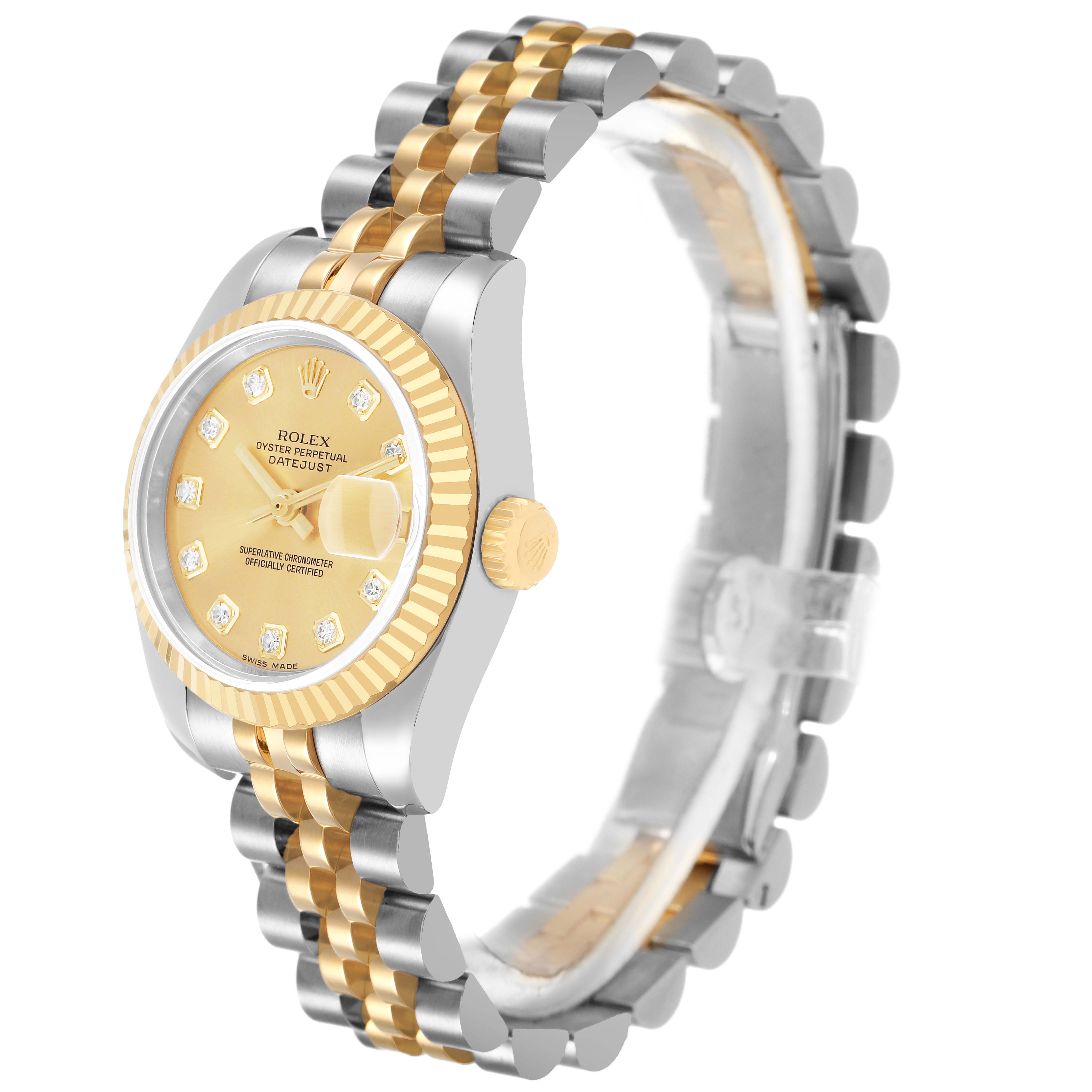 The Rolex Datejust 179173 Women's Steel and Gold (two tone) Champagne Dial watch is shown at a slight angle, displaying its bezel, dial, jubilee bracelet, and crown.