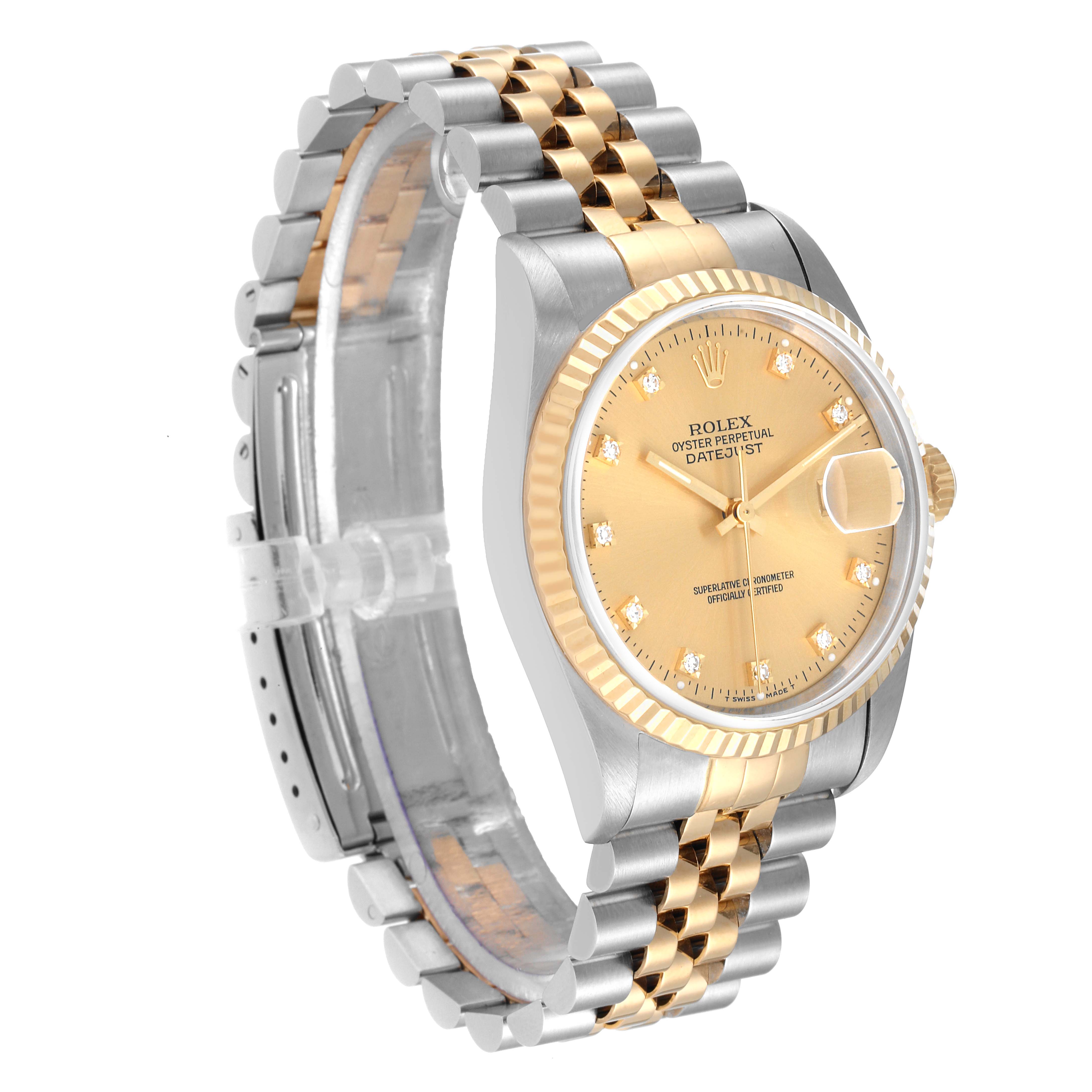 This image shows a side angle of the Rolex Datejust 16233 Men's Steel and Gold (two tone) Champagne Dial 16233 Men's Steel and Gold (two tone) Champagne Dial watch, highlighting the two-tone bracelet, case, and dial with diamond markers.