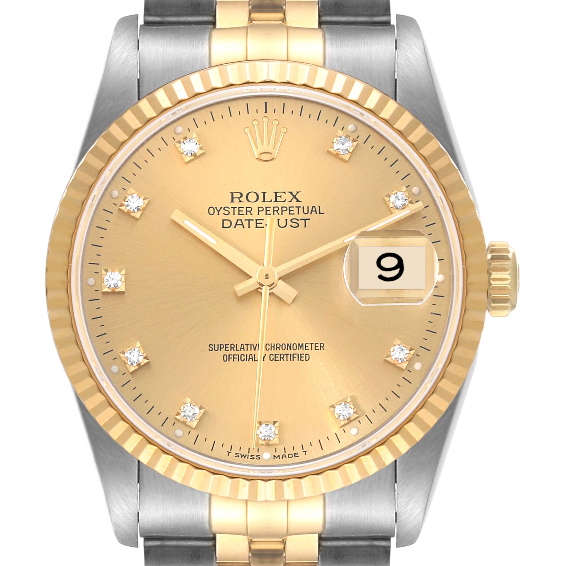 The image shows a frontal view of a Rolex Datejust 16233 Men's Steel and Gold (two tone) Champagne Dial 16233 Men's Steel and Gold (two tone) Champagne Dial watch, showcasing its gold dial, diamond hour markers, date window, and two-tone bracelet.