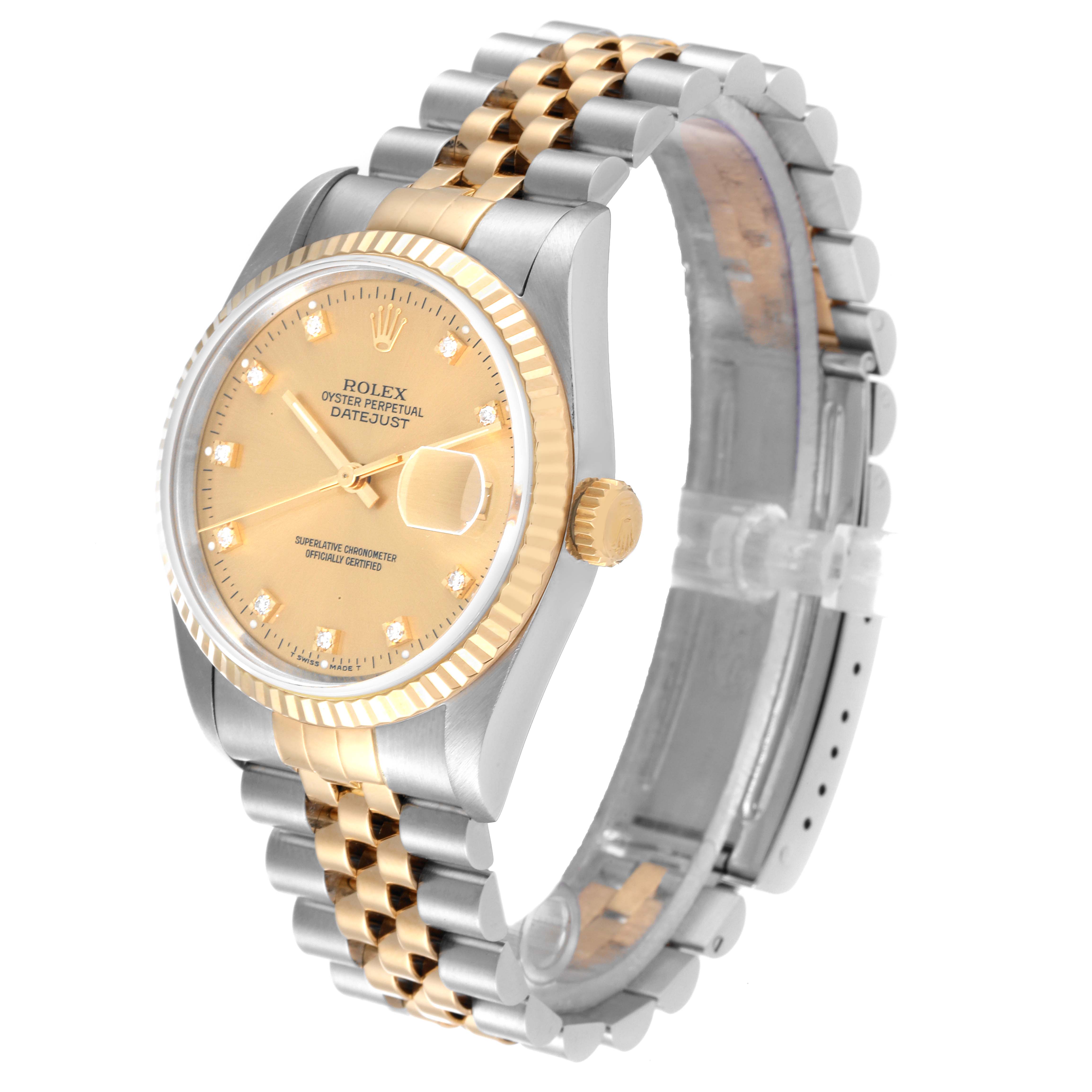 This image shows a side angle of a Rolex Datejust 16233 Men's Steel and Gold (two tone) Champagne Dial 16233 Men's Steel and Gold (two tone) Champagne Dial watch with a two-tone band and a gold dial.
