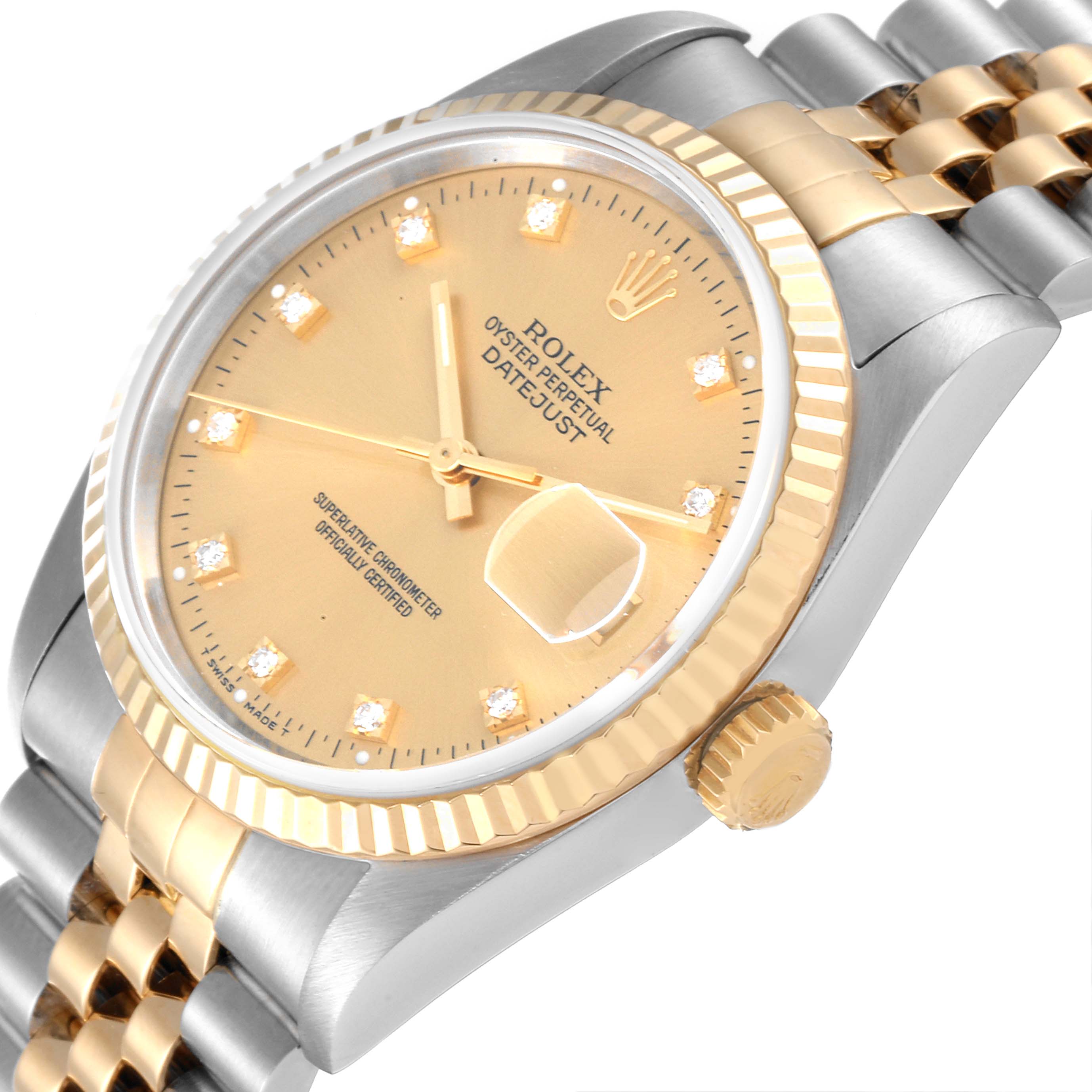 The image shows a Rolex Datejust 16233 Men's Steel and Gold (two tone) Champagne Dial 16233 Men's Steel and Gold (two tone) Champagne Dial watch angled slightly to display the face, bezel, and part of the bracelet.