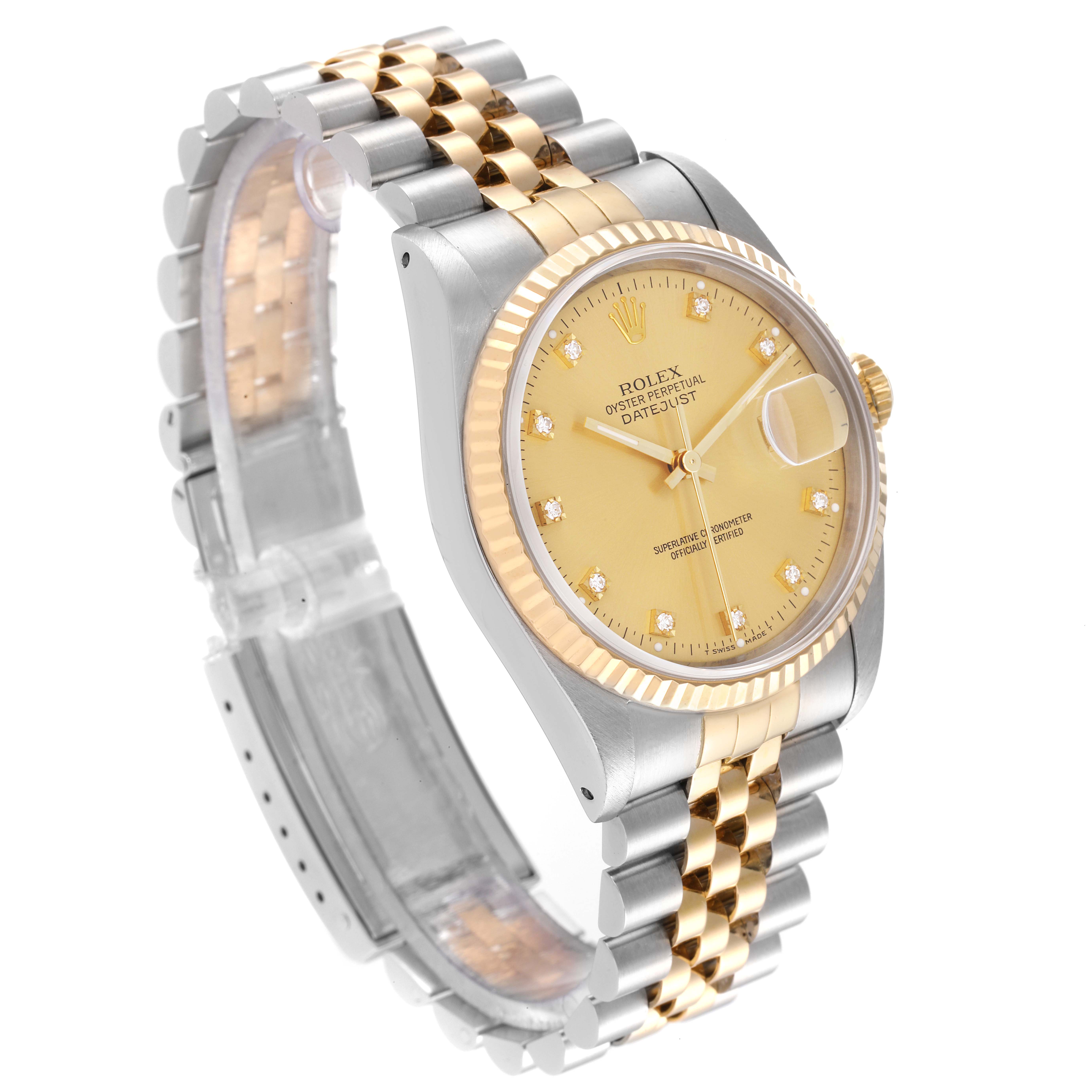 The image shows a side angle of the Rolex Datejust 16233 Men's Steel and Gold (two tone) Champagne Dial 16233 Men's Steel and Gold (two tone) Champagne Dial watch, displaying its gold dial, fluted bezel, and two-tone Jubilee bracelet.