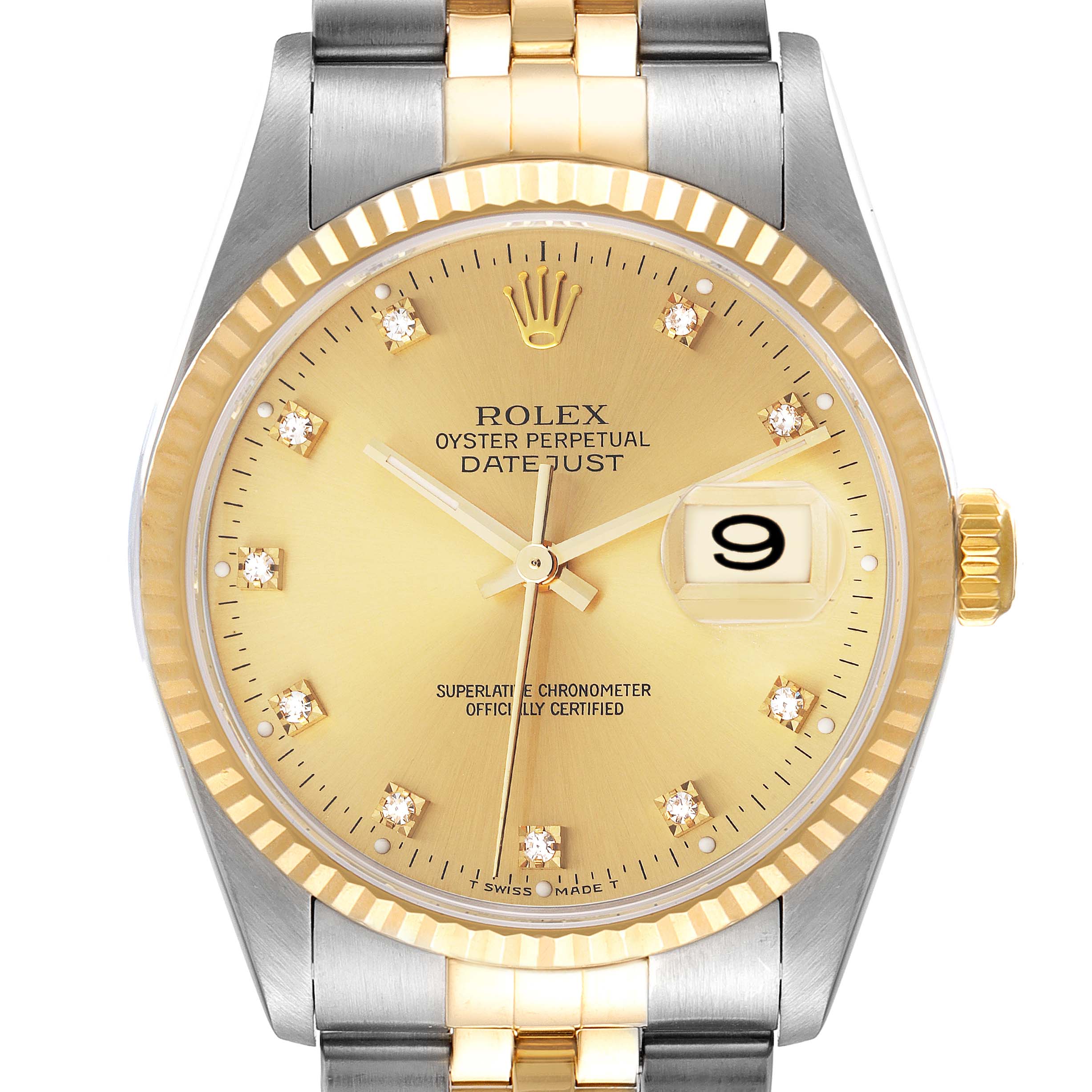 This image shows a front view of the Rolex Datejust 16233 Men's Steel and Gold (two tone) Champagne Dial 16233 Men's Steel and Gold (two tone) Champagne Dial watch, highlighting the dial, bezel, crown, and part of the bracelet.