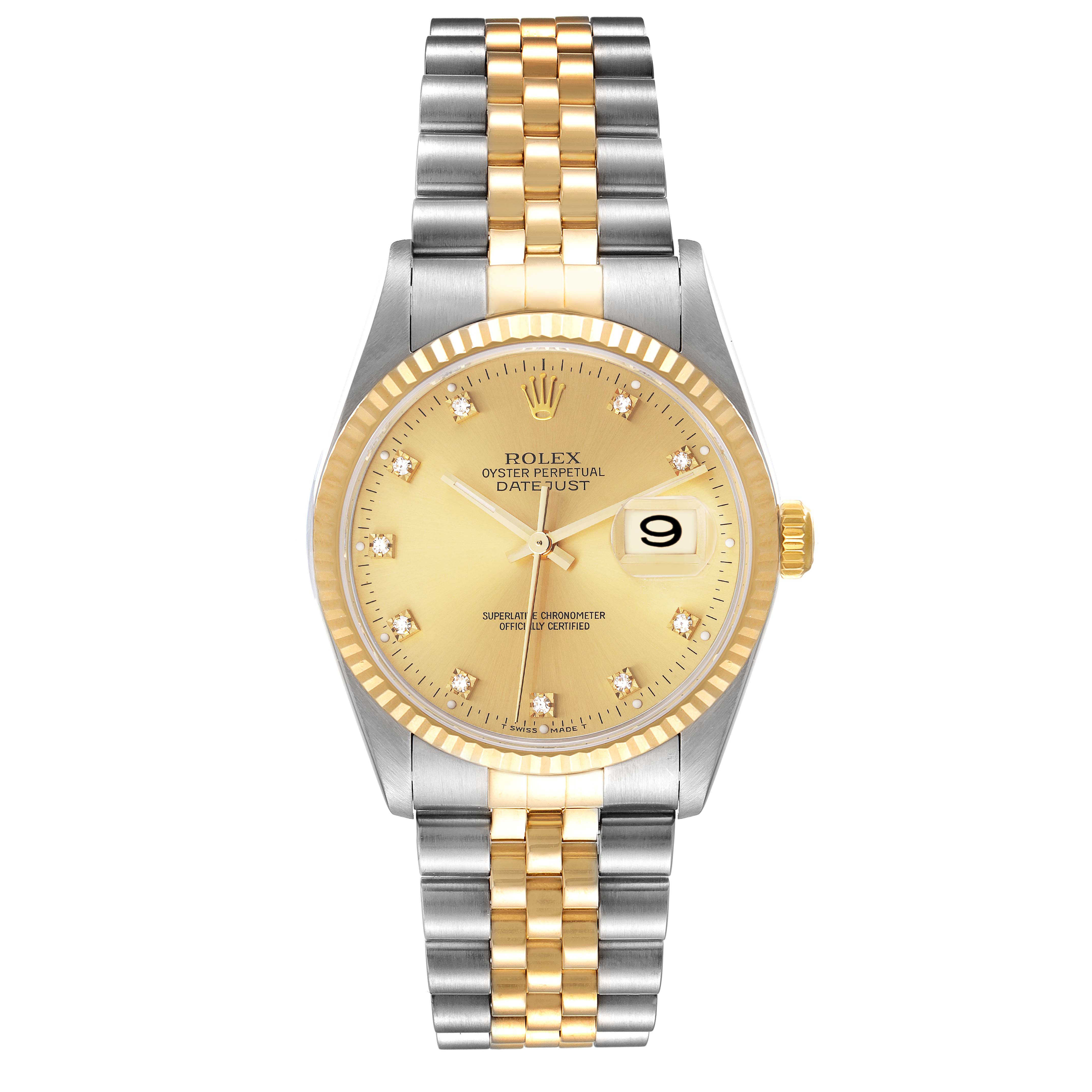 This is a front view of the Rolex Datejust 16233 Men's Steel and Gold (two tone) Champagne Dial 16233 Men's Steel and Gold (two tone) Champagne Dial watch, showcasing its gold dial, fluted bezel, and two-tone bracelet.