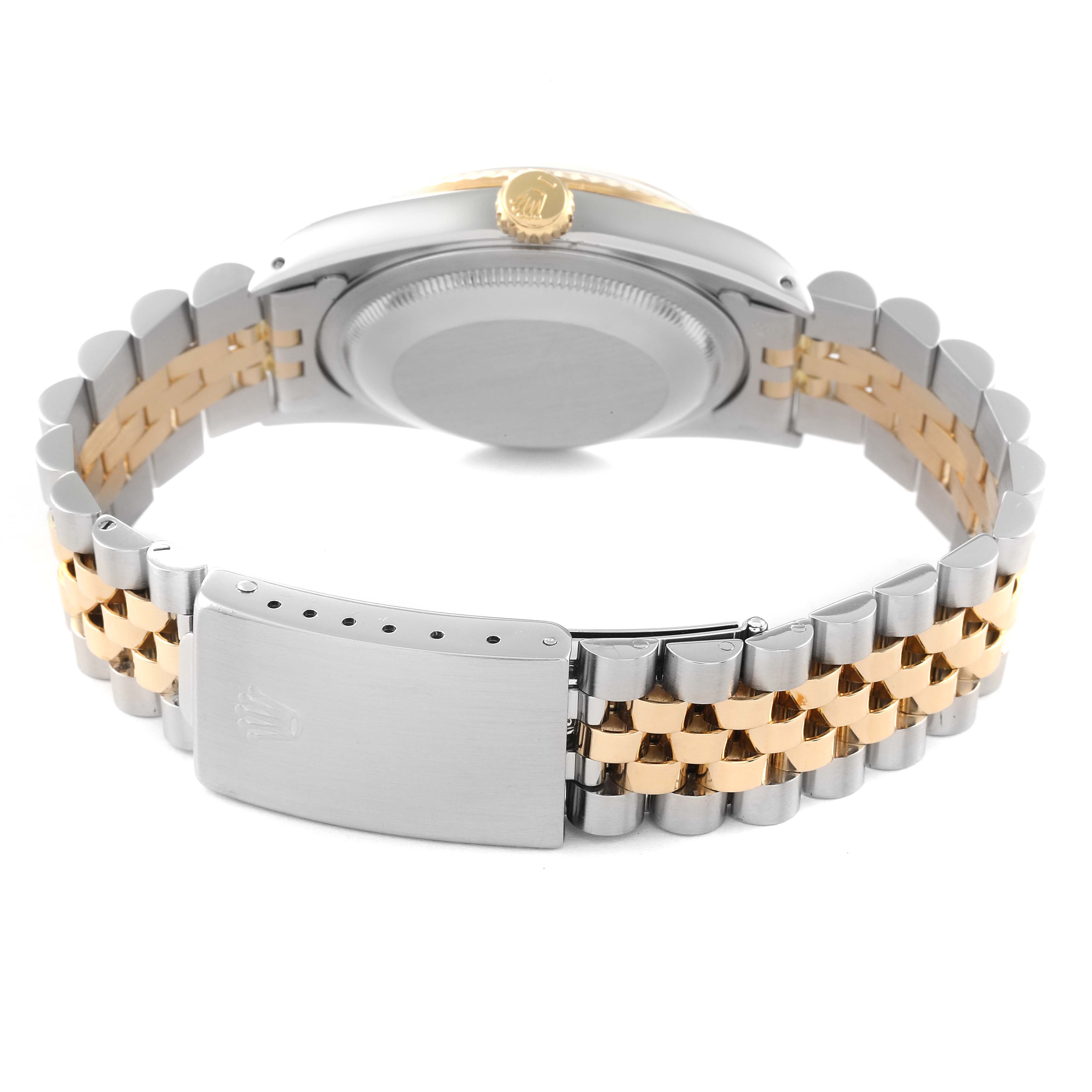 This image shows the back and bracelet of a Rolex Datejust 16233 Men's Steel and Gold (two tone) Champagne Dial 16233 Men's Steel and Gold (two tone) Champagne Dial watch, highlighting the clasp and part of the case back.