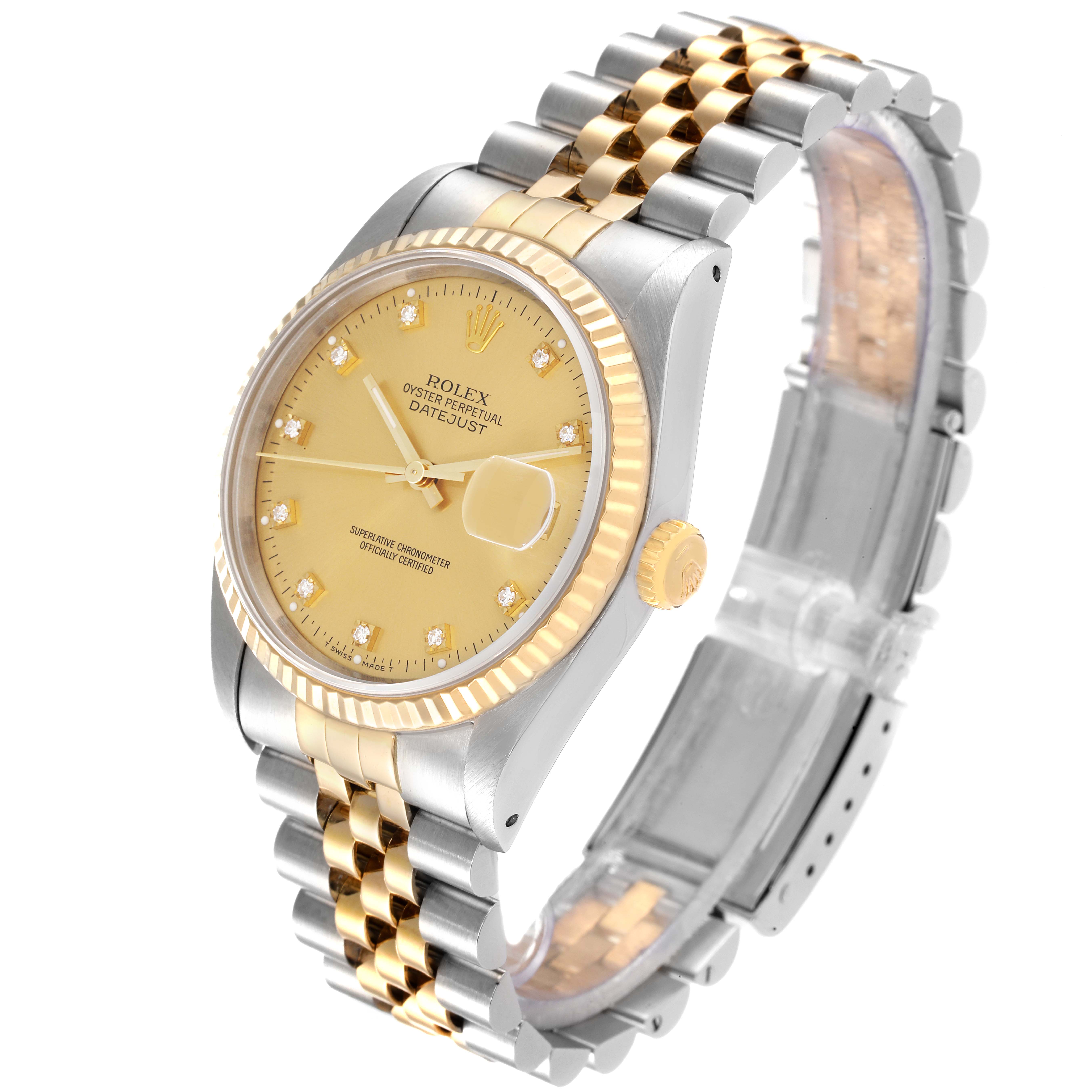 The Rolex Datejust 16233 Men's Steel and Gold (two tone) Champagne Dial 16233 Men's Steel and Gold (two tone) Champagne Dial watch is shown at an angle revealing the face, bezel, crown, and part of the bracelet.