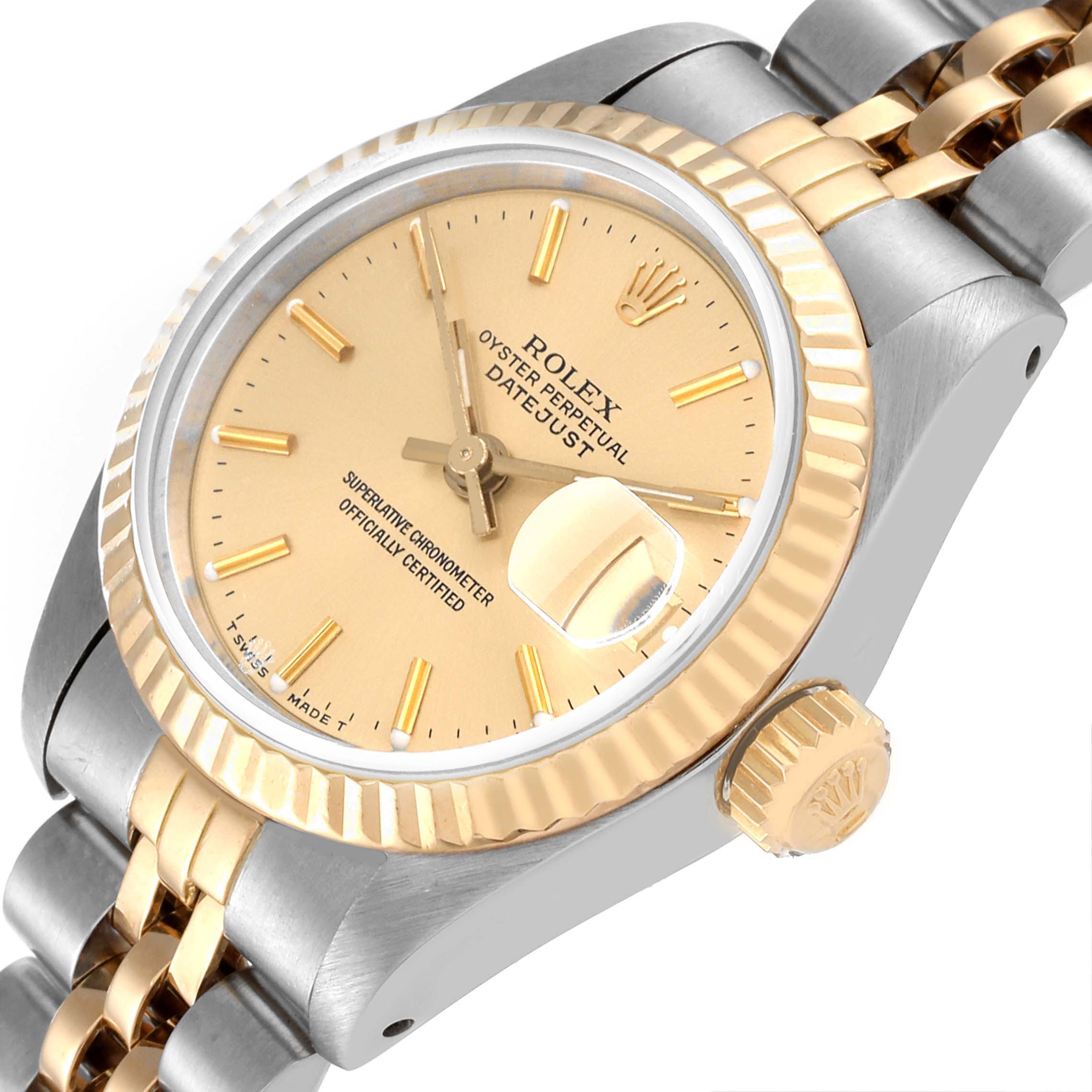 The image shows a close-up, angled view of the Rolex Datejust 69173 Women's Steel and Gold (two tone) Champagne Dial 69173 Women's Steel and Gold (two tone) Champagne Dial watch featuring the face, bezel, and part of the bracelet and crown.