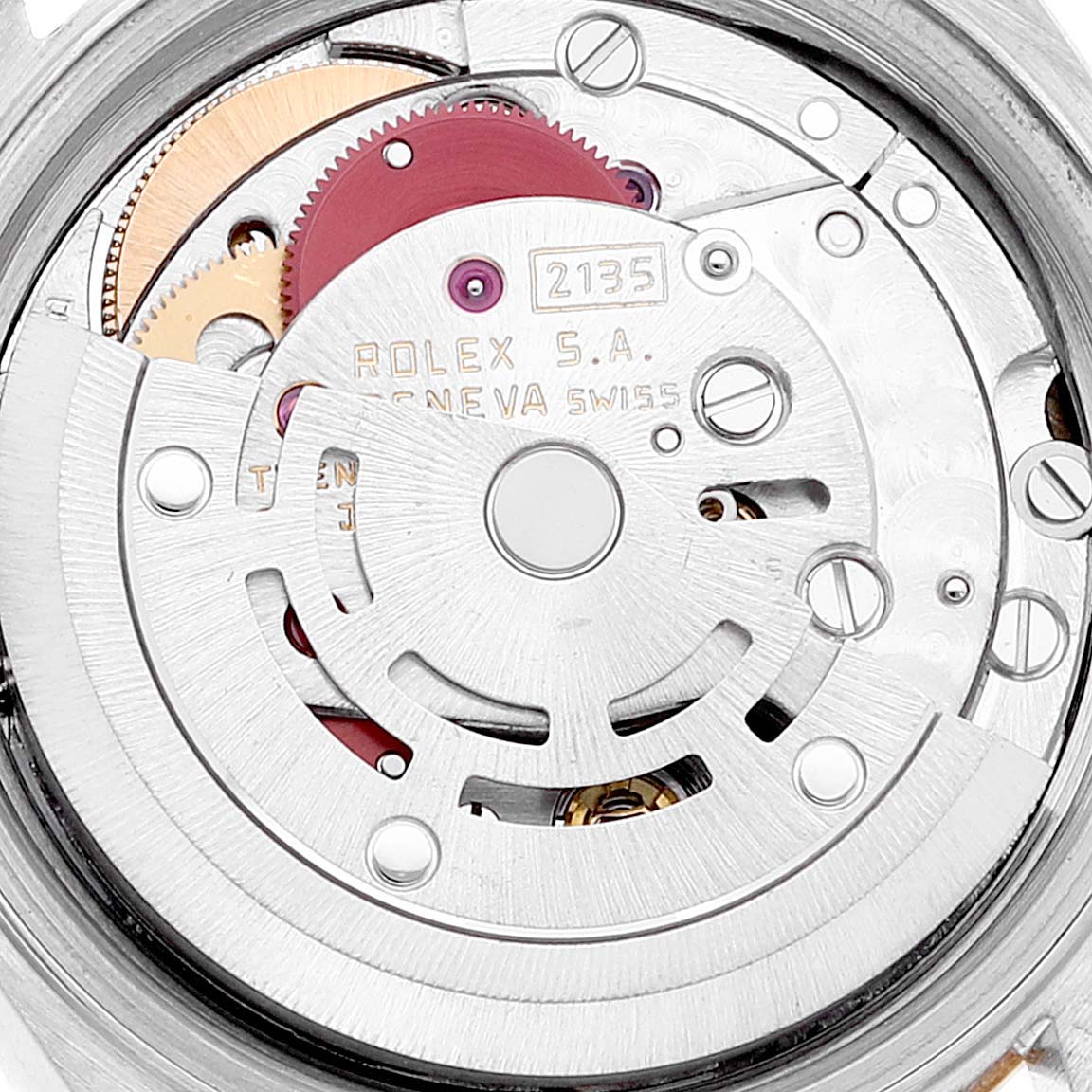 The image displays the intricate internal movement mechanism of the Rolex Datejust 69173 Women's Steel and Gold (two tone) Champagne Dial 69173 Women's Steel and Gold (two tone) Champagne Dial watch, viewed from the back.