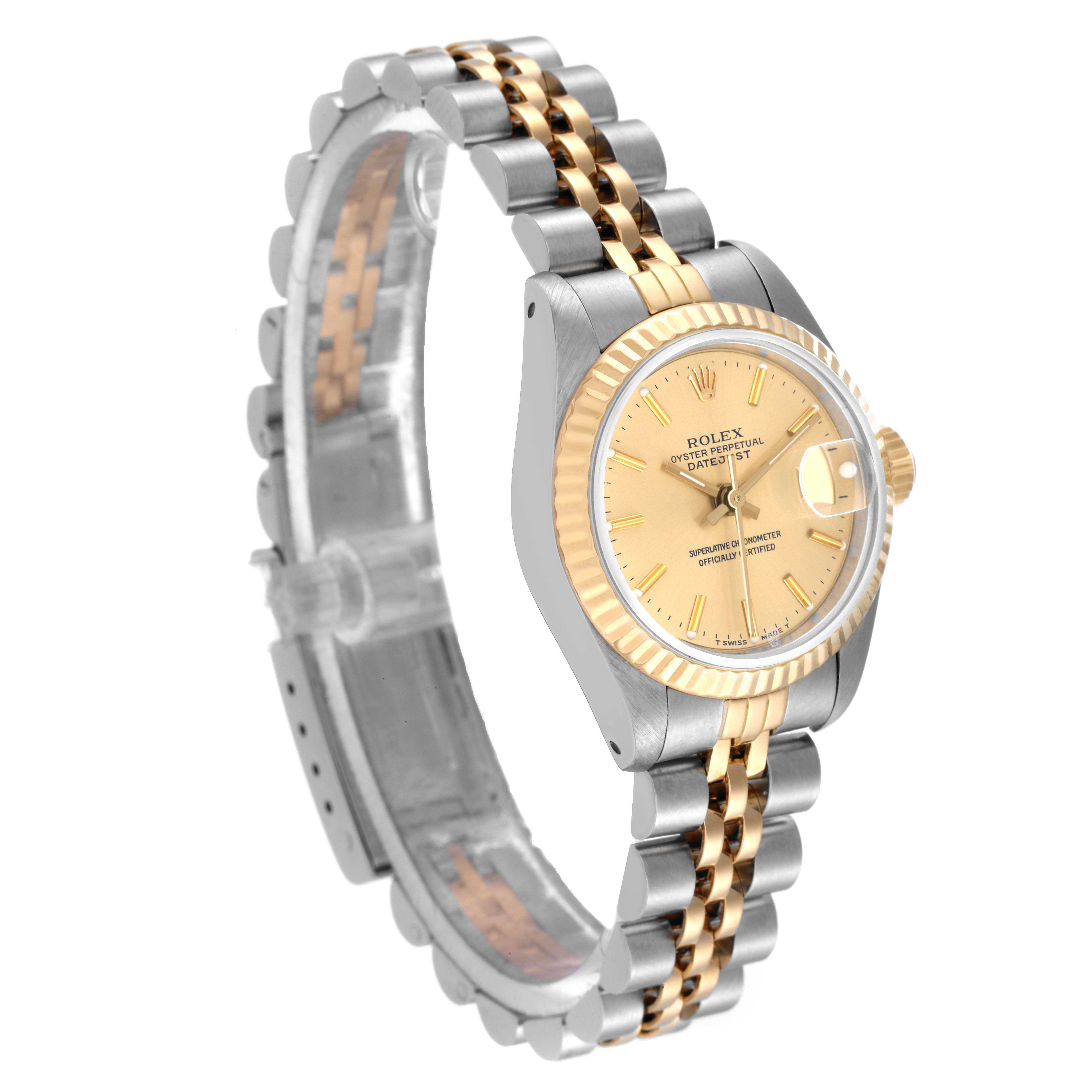This image shows a Rolex Datejust 69173 Women's Steel and Gold (two tone) Champagne Dial 69173 Women's Steel and Gold (two tone) Champagne Dial watch from a side angle, highlighting the two-tone bracelet and the face with a date window.
