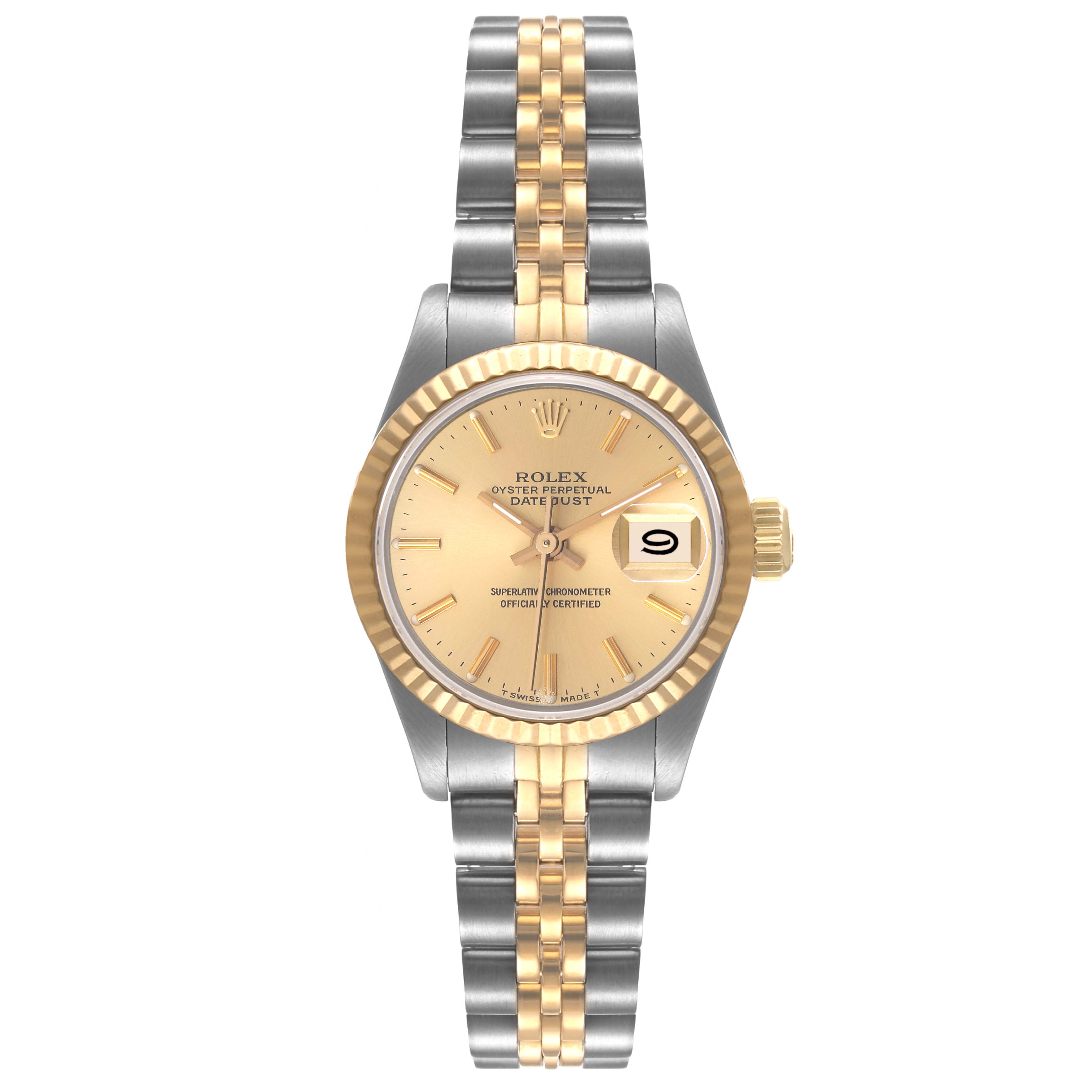 The image shows a Rolex Datejust 69173 Women's Steel and Gold (two tone) Champagne Dial 69173 Women's Steel and Gold (two tone) Champagne Dial watch from a front angle, featuring a gold and silver Jubilee bracelet, gold bezel, and champagne dial.