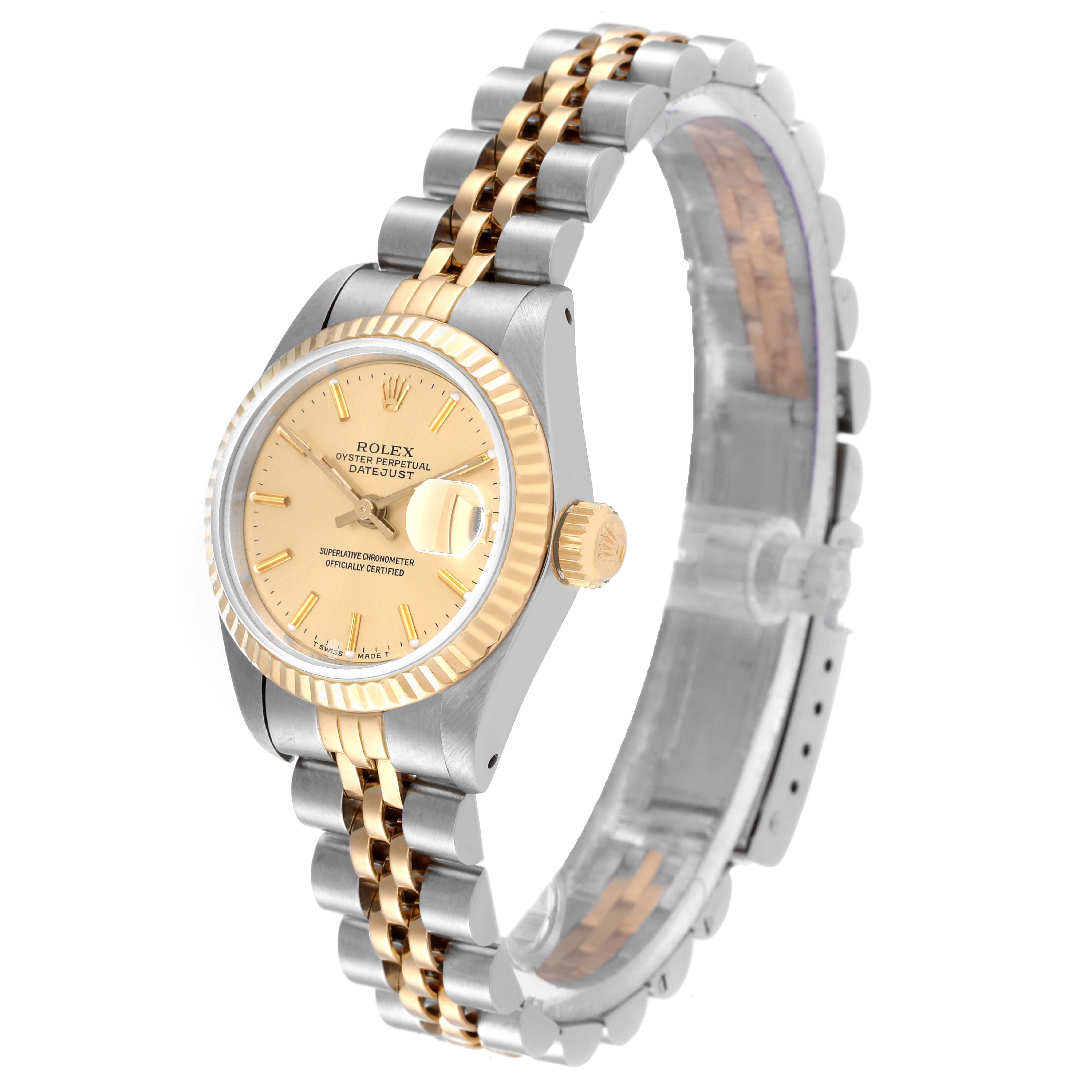 The image shows a side angle of the Rolex Datejust 69173 Women's Steel and Gold (two tone) Champagne Dial 69173 Women's Steel and Gold (two tone) Champagne Dial watch, featuring its dial, case, crown, and two-tone bracelet.