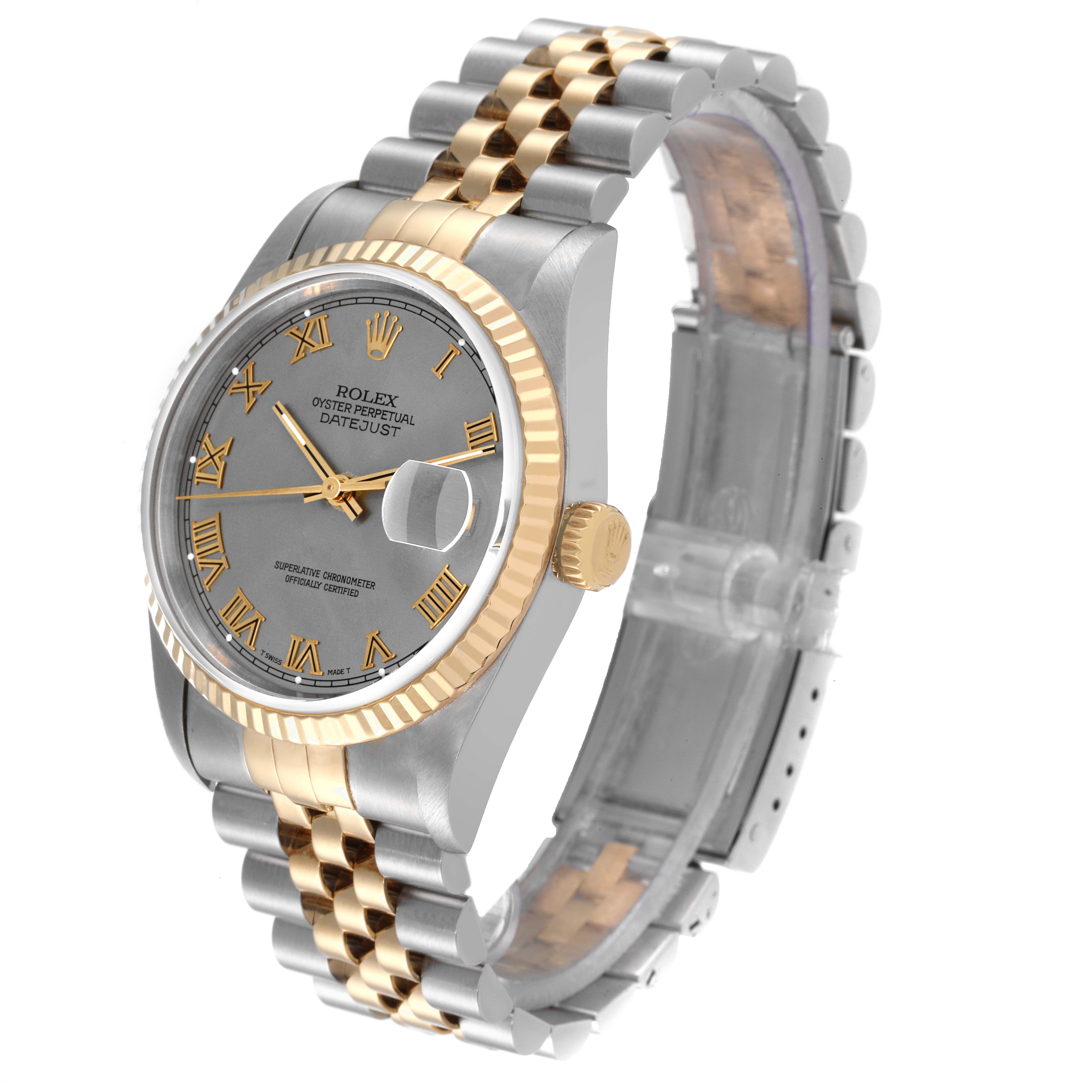 A Rolex Datejust 16233 Men
s Steel and Gold (two tone) Grey Dial 16233 Men
s Steel and Gold (two tone) Grey Dial model watch is shown at a three-quarter angle, highlighting the dial, bezel, crown, and two-tone bracelet.