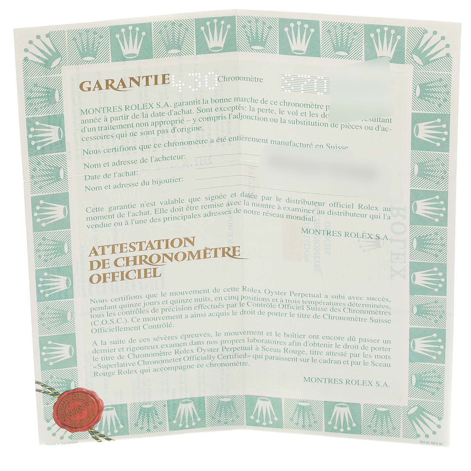 The image shows the warranty and official chronometer certification paperwork for a Rolex Datejust 16233 Men
s Steel and Gold (two tone) Grey Dial 16233 Men
s Steel and Gold (two tone) Grey Dial watch.