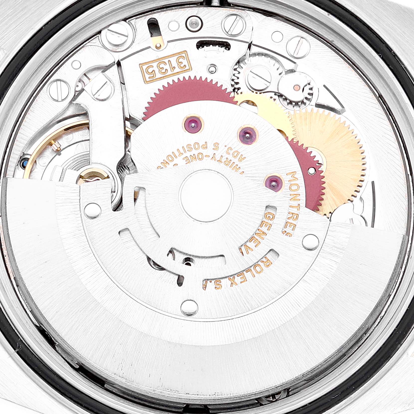 The image shows the back view of the movement mechanism inside a Rolex Datejust 16233 Men
s Steel and Gold (two tone) Grey Dial 16233 Men
s Steel and Gold (two tone) Grey Dial watch.