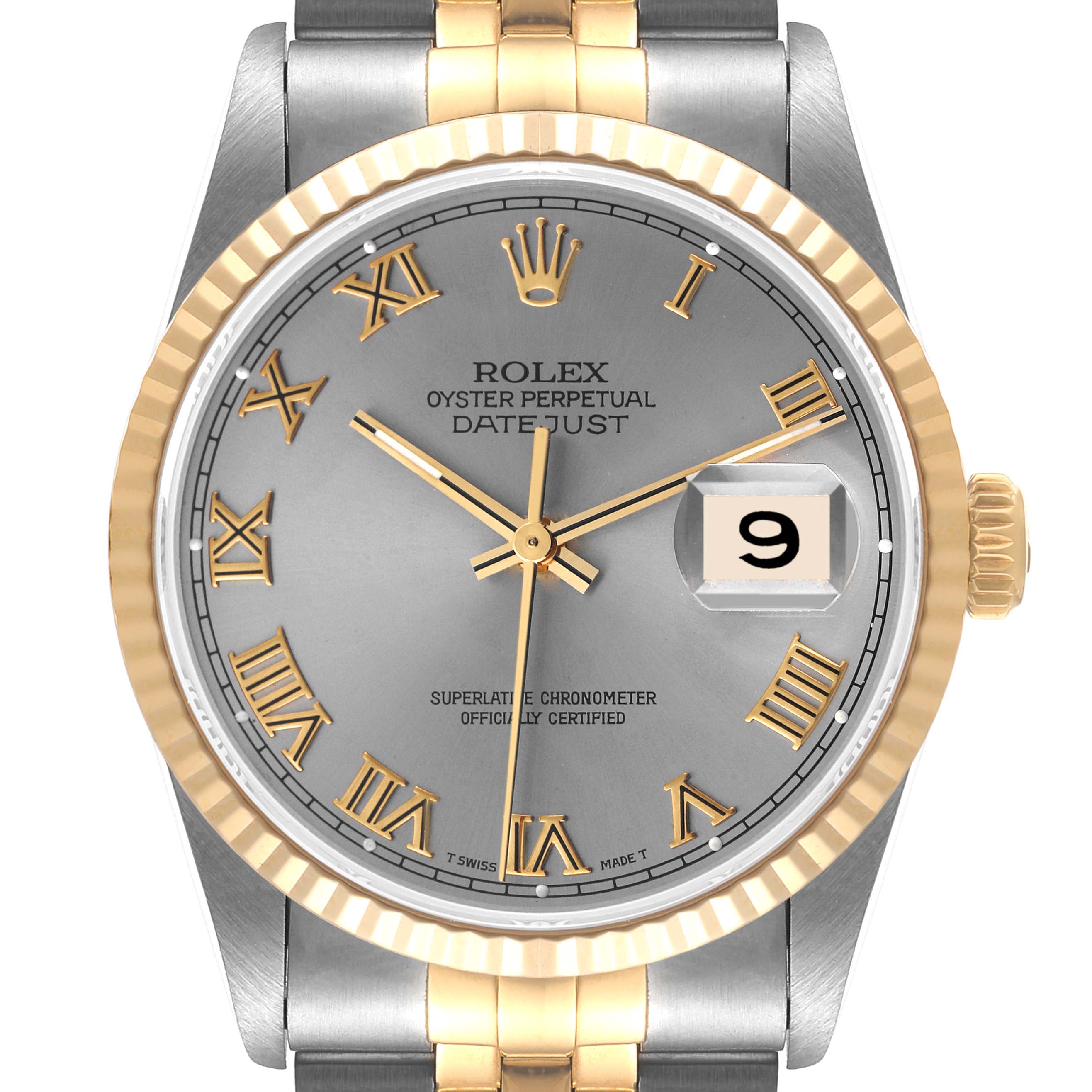 The Rolex Datejust 16233 Men
s Steel and Gold (two tone) Grey Dial 16233 Men
s Steel and Gold (two tone) Grey Dial watch is shown from a front angle, displaying its face, fluted bezel, and partial bracelet.