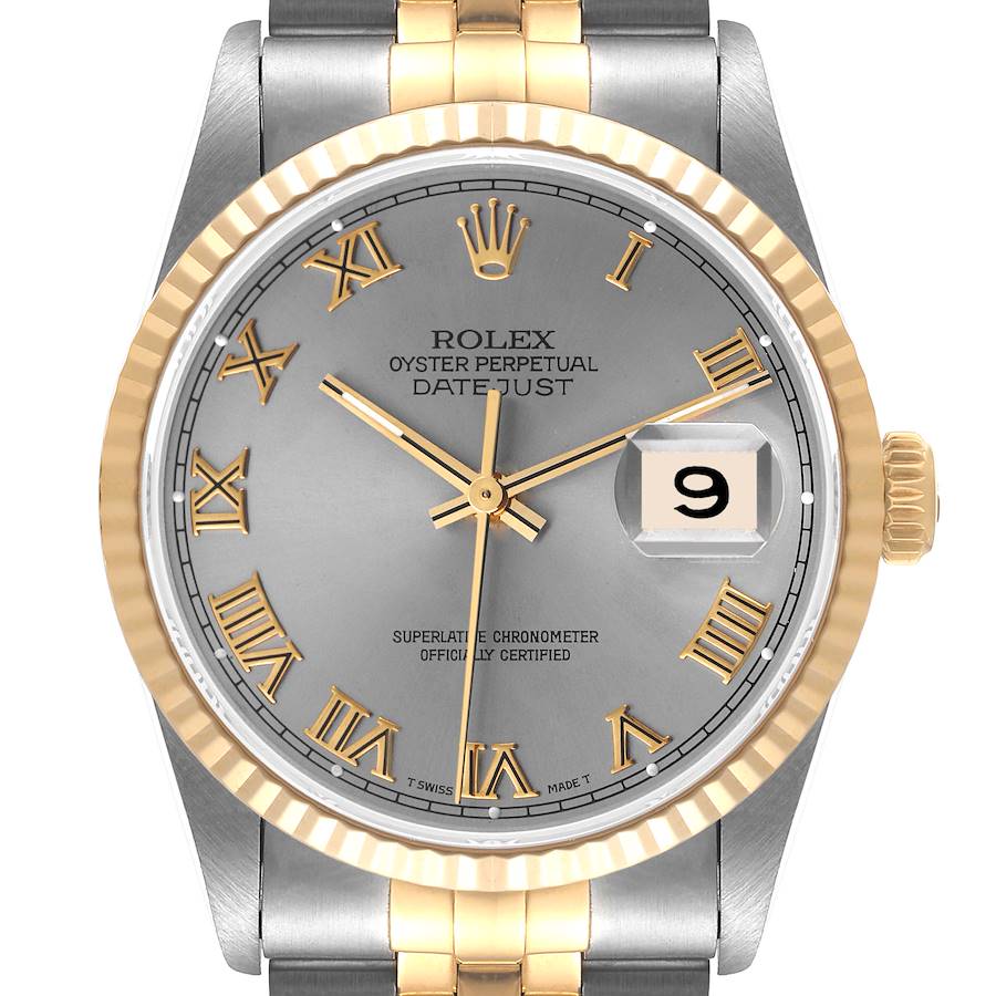 The Rolex Datejust watch is shown from a front angle, displaying its face, fluted bezel, and partial bracelet.