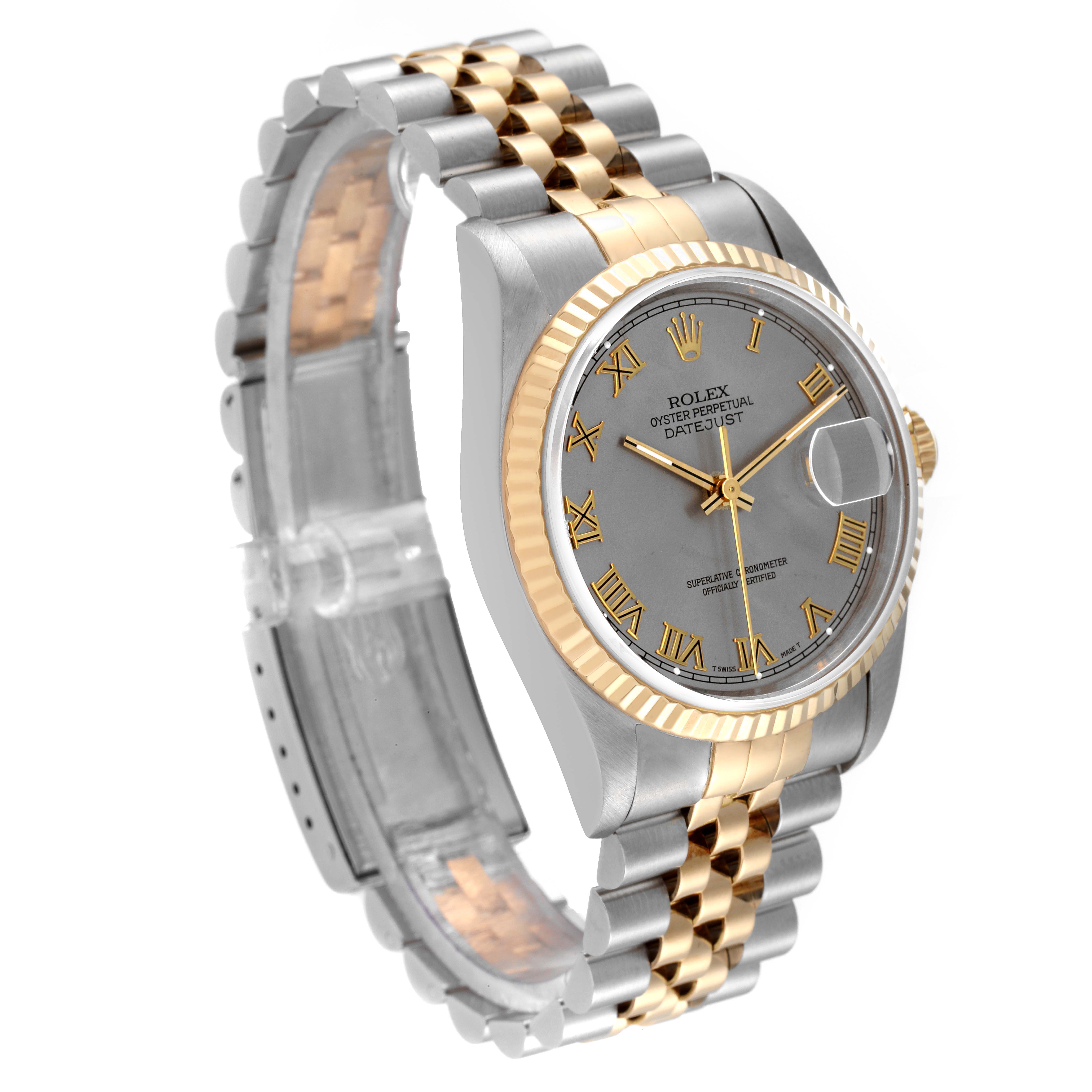 This Rolex Datejust 16233 Men
s Steel and Gold (two tone) Grey Dial 16233 Men
s Steel and Gold (two tone) Grey Dial watch is shown at an angled side view, highlighting the two-tone bracelet, fluted bezel, and gray dial.