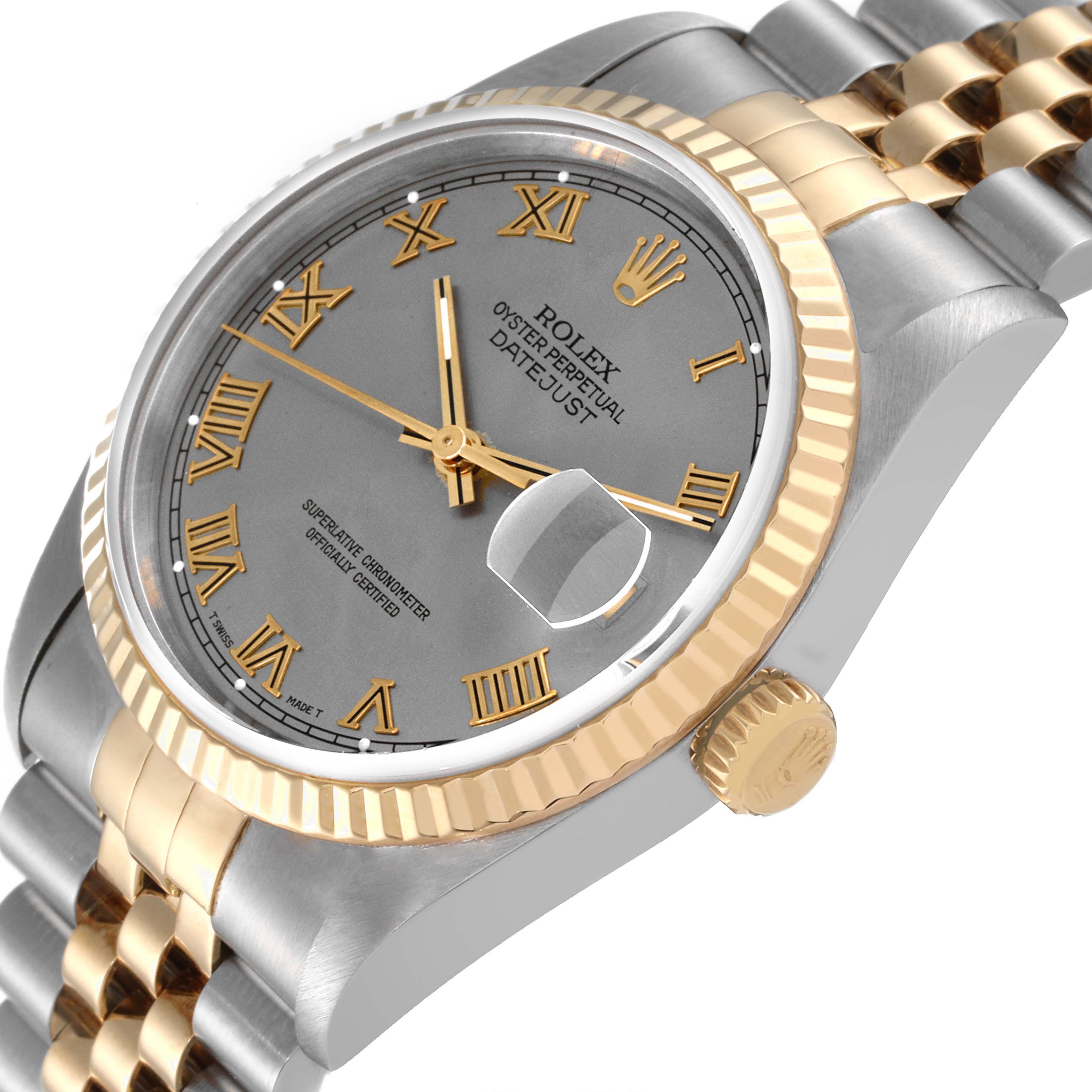 The image shows a Rolex Datejust 16233 Men
s Steel and Gold (two tone) Grey Dial 16233 Men
s Steel and Gold (two tone) Grey Dial watch at a slight angle, highlighting the face, bezel, and part of the bracelet.