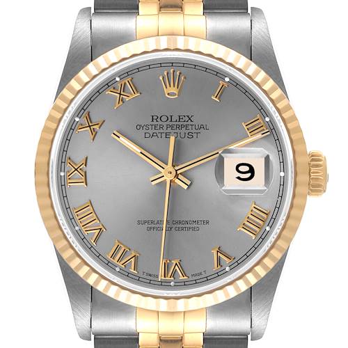 Photo of Rolex Datejust Steel Yellow Gold Slate Roman Dial Mens Watch 16233 Papers
