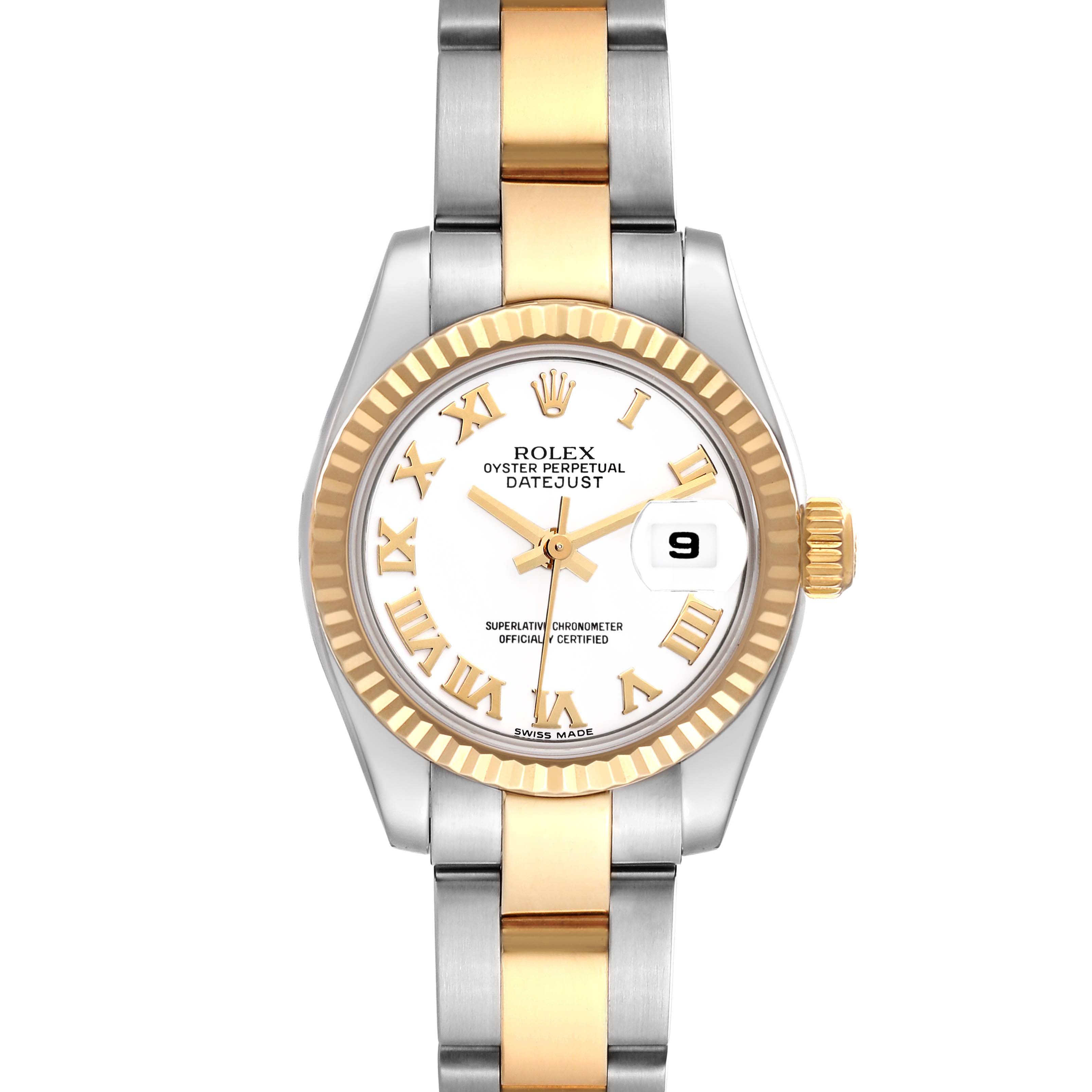 This image shows a frontal view of a Rolex Datejust 179173 Women's Steel and Gold (two tone) White Dial 179173 Women's Steel and Gold (two tone) White Dial watch with a gold and silver two-tone bracelet and fluted bezel.
