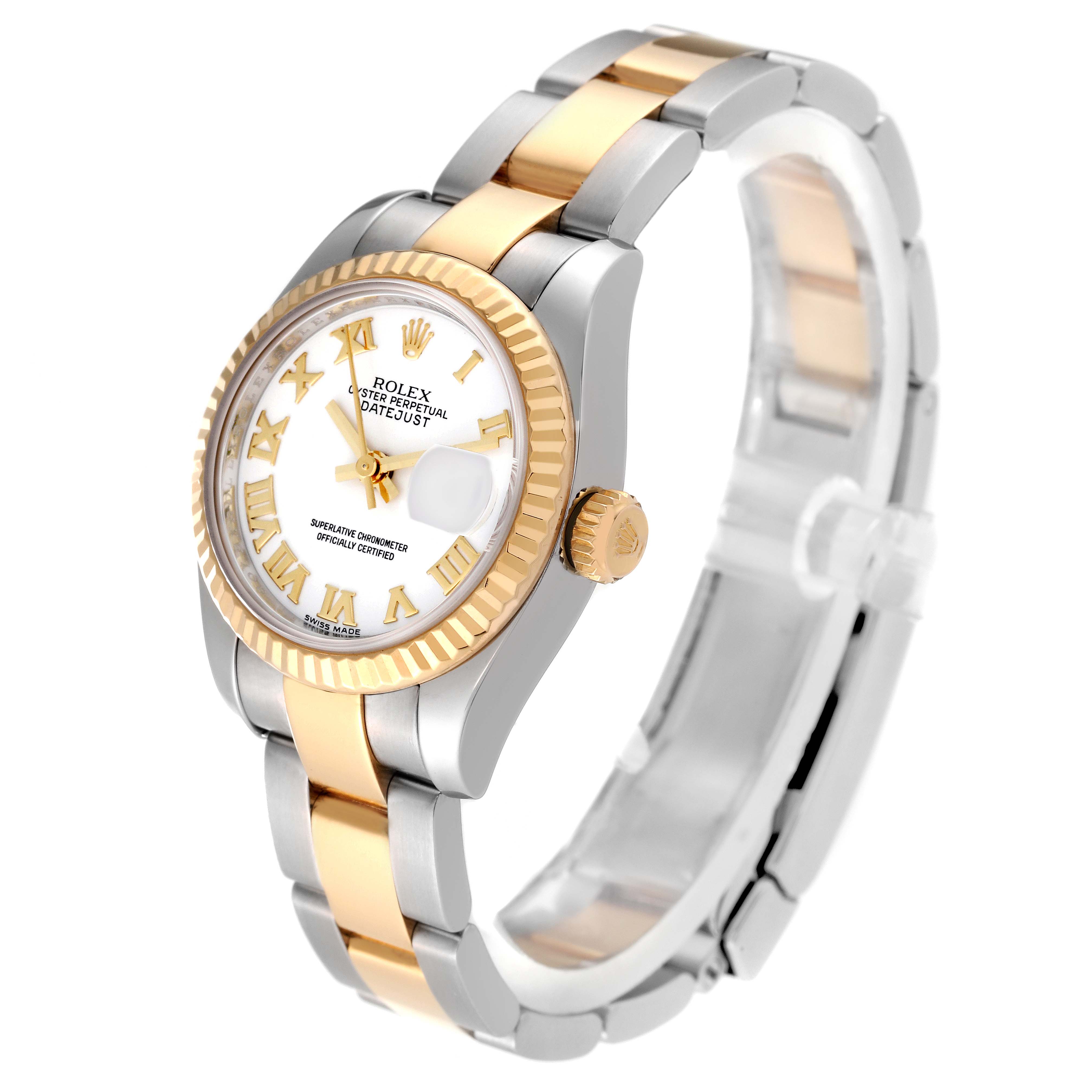 This image shows a Rolex Datejust 179173 Women's Steel and Gold (two tone) White Dial 179173 Women's Steel and Gold (two tone) White Dial watch at a slight angle, highlighting the dial, bezel, crown, and part of the bracelet.