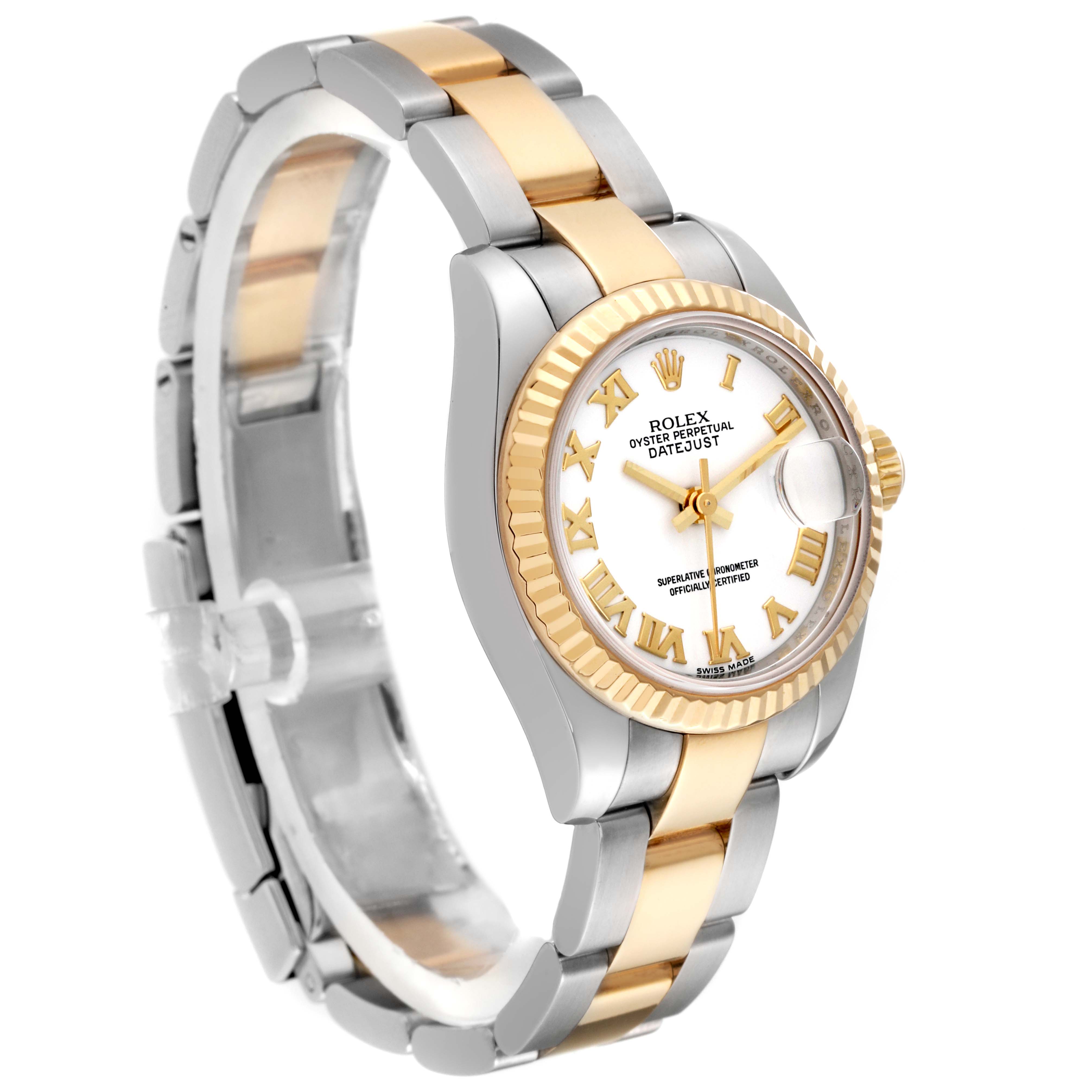 This image shows a side and angled view of the Rolex Datejust 179173 Women's Steel and Gold (two tone) White Dial 179173 Women's Steel and Gold (two tone) White Dial watch, highlighting the band, dial, and crown.