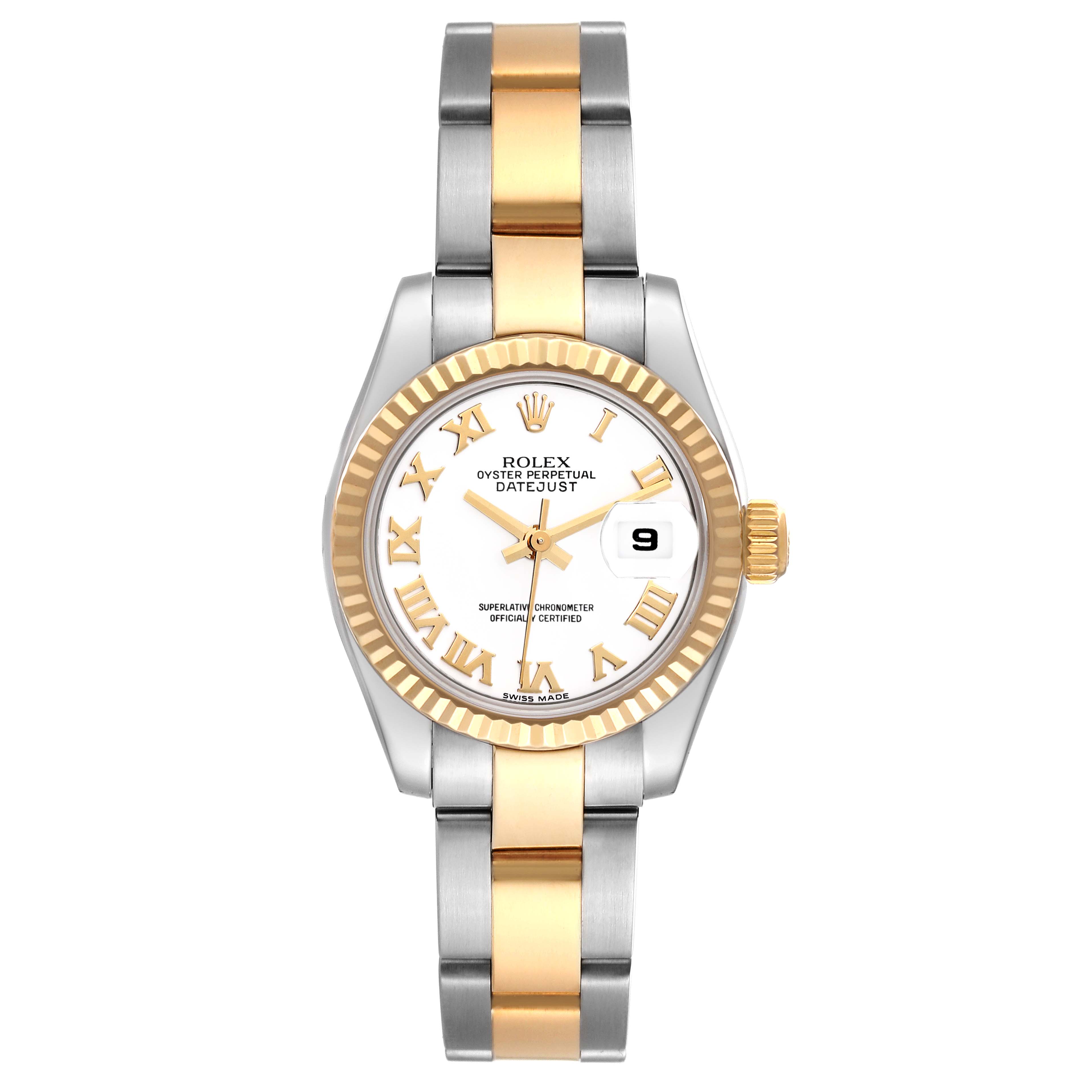 The image shows a Rolex Datejust 179173 Women's Steel and Gold (two tone) White Dial 179173 Women's Steel and Gold (two tone) White Dial watch from a front angle, highlighting the dial, bezel, and two-tone bracelet.