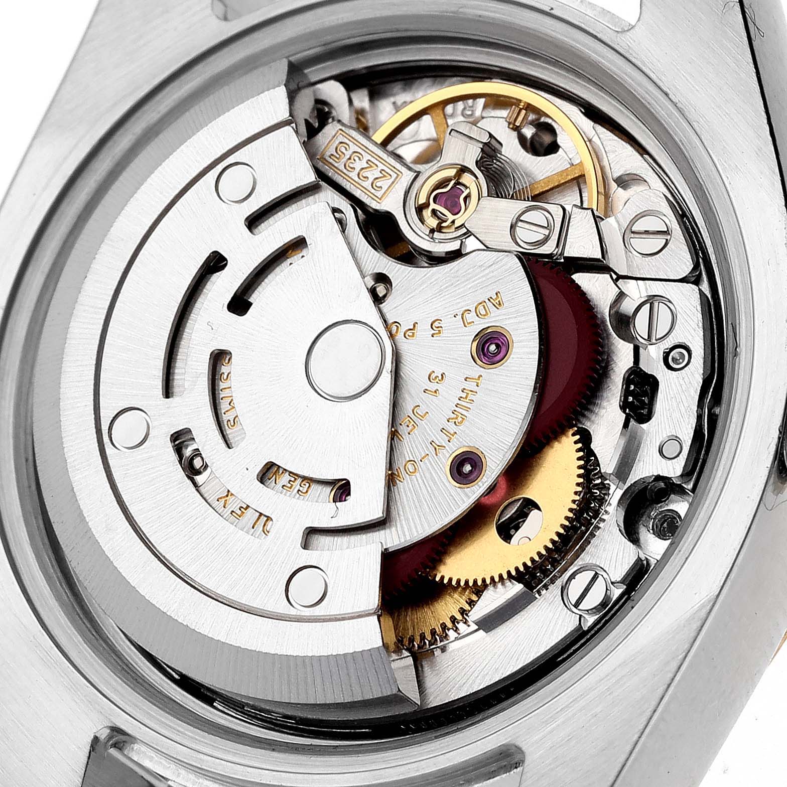 This image shows the internal mechanical movement of a Rolex Datejust 179173 Women's Steel and Gold (two tone) White Dial 179173 Women's Steel and Gold (two tone) White Dial watch, photographed from the back with the case removed.