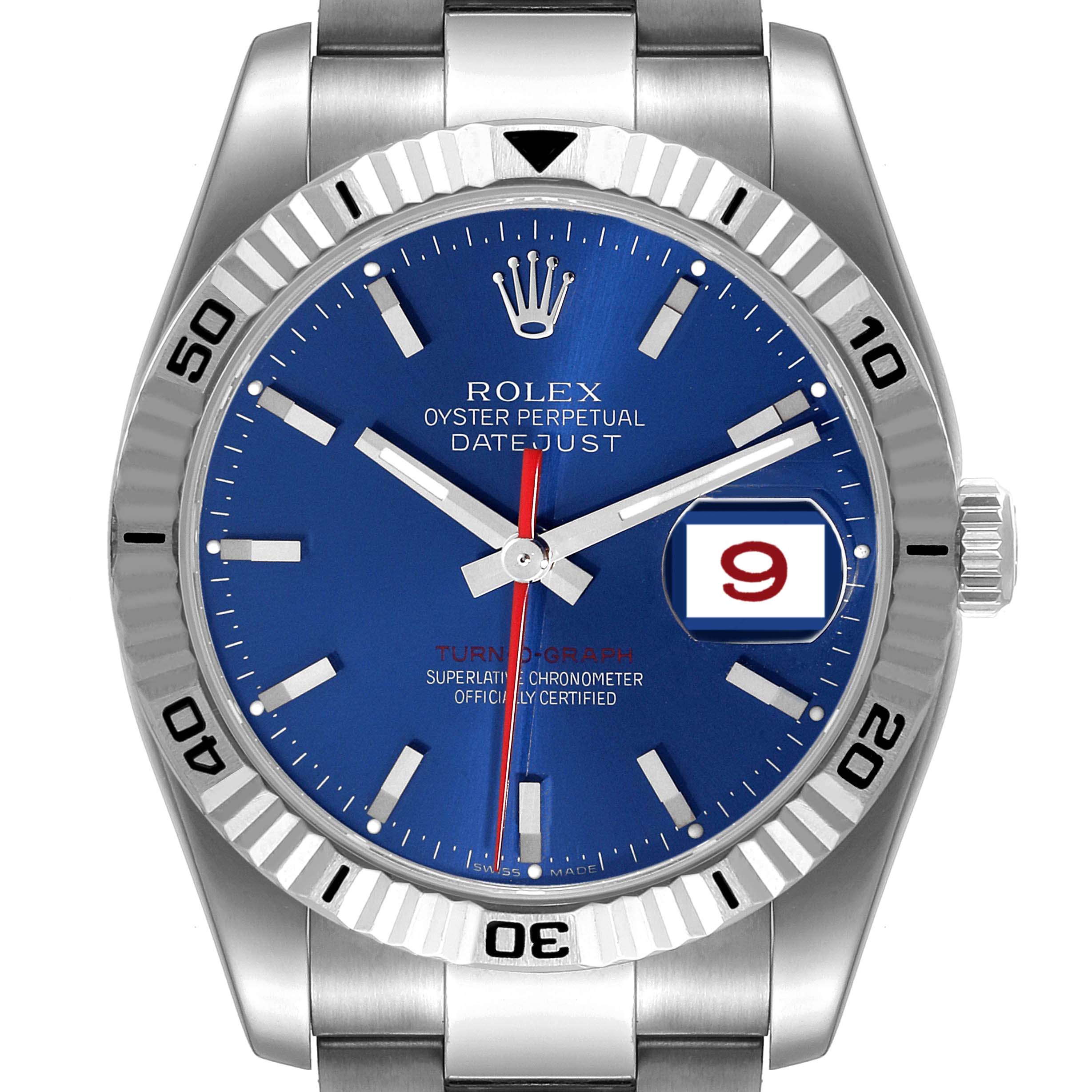 The image shows a front view of the Rolex Turn-o-Graph 116264 Men's Stainless Steel Blue Dial 116264 Men's Stainless Steel Blue Dial watch, highlighting the blue dial, date display, and stainless steel bracelet.