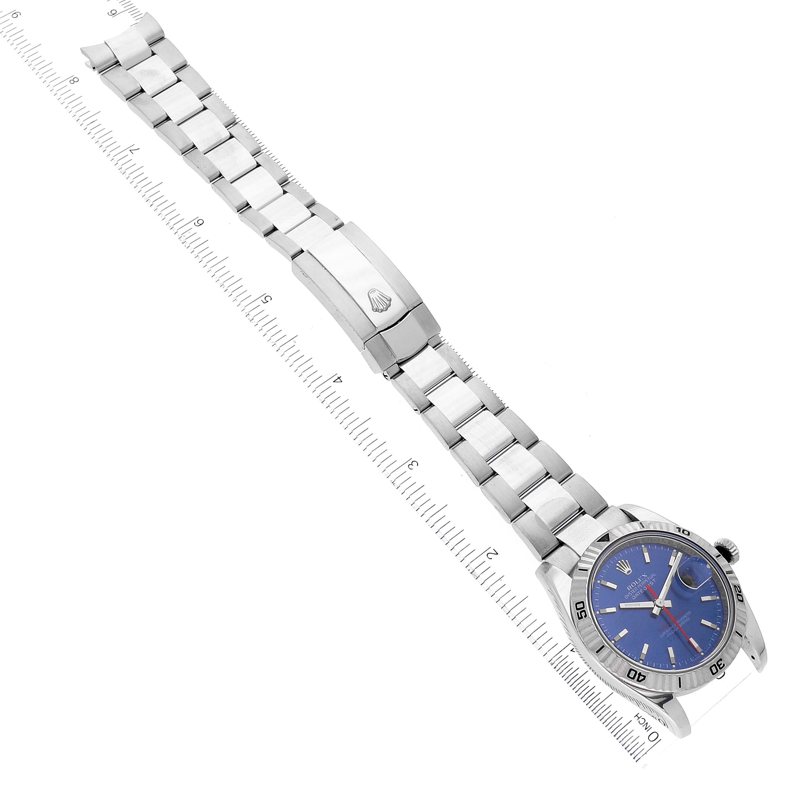 The image shows the Rolex Turn-o-Graph 116264 Men's Stainless Steel Blue Dial 116264 Men's Stainless Steel Blue Dial watch laid flat, displaying its face, bezel, bracelet, and clasp from a top-down angle.
