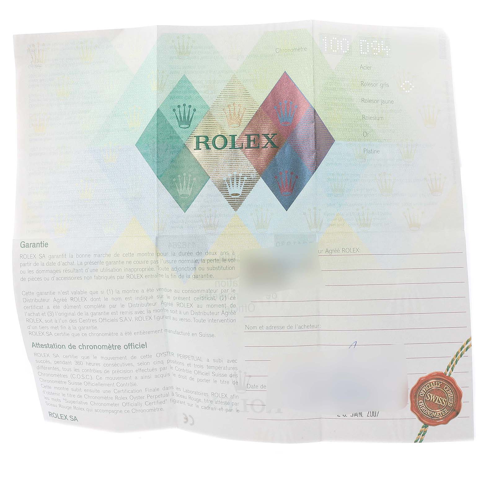 This image shows the warranty certificate for the Rolex Turn-o-Graph 116264 Men's Stainless Steel Blue Dial 116264 Men's Stainless Steel Blue Dial watch, including the Rolex logo and a red seal.