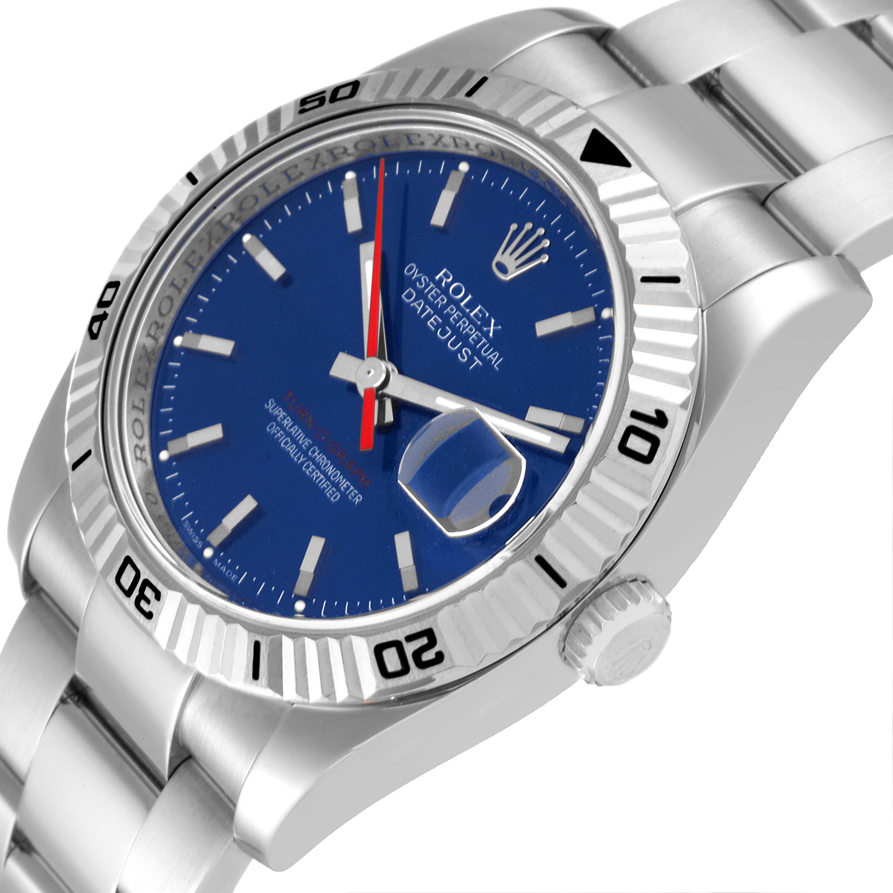 The image shows a Rolex Turn-o-Graph 116264 Men's Stainless Steel Blue Dial 116264 Men's Stainless Steel Blue Dial watch angled slightly from the side, highlighting the bracelet, dial, bezel, and crown.