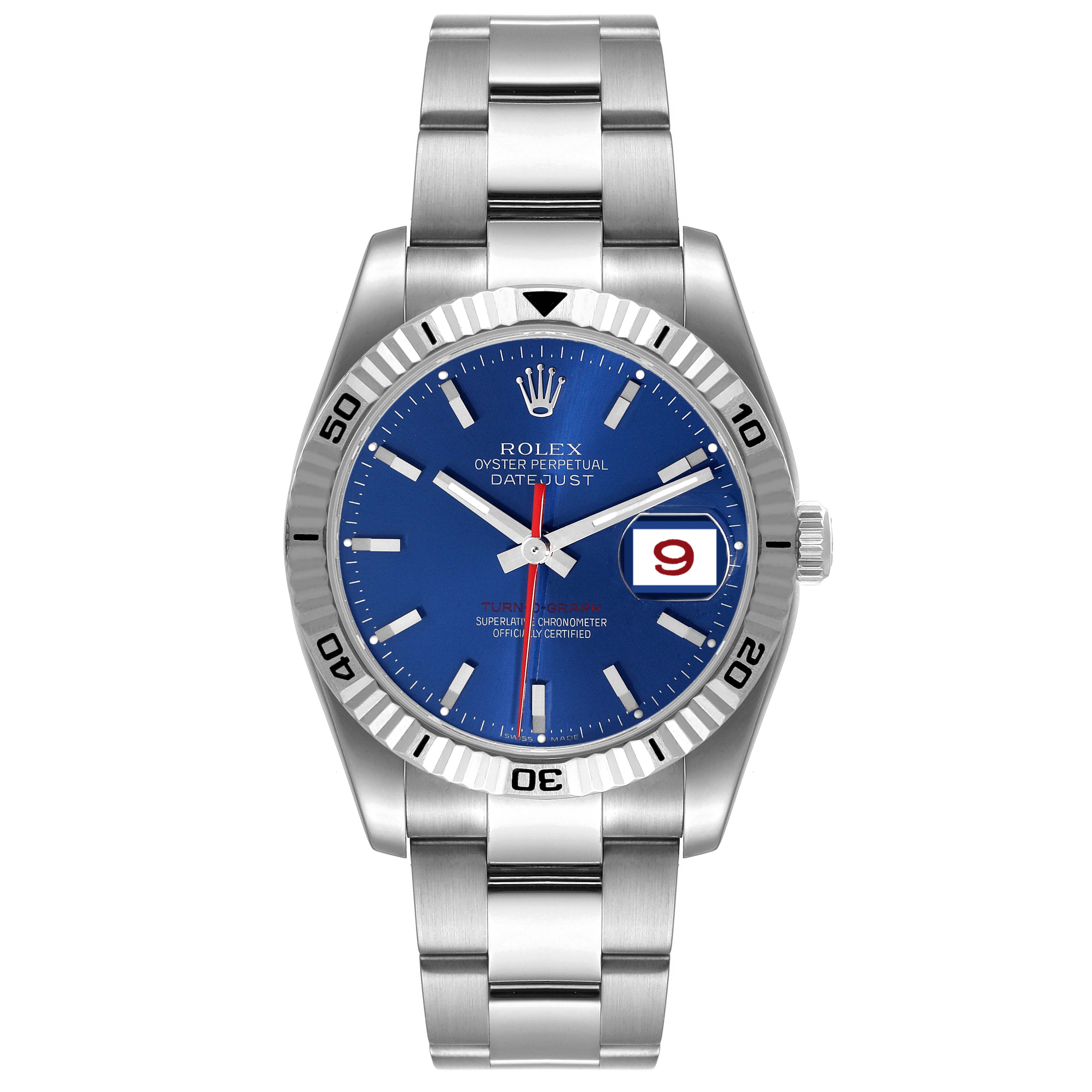 The image shows a frontal view of a Rolex Turn-o-Graph 116264 Men's Stainless Steel Blue Dial 116264 Men's Stainless Steel Blue Dial watch, displaying the face, bezel, and bracelet.