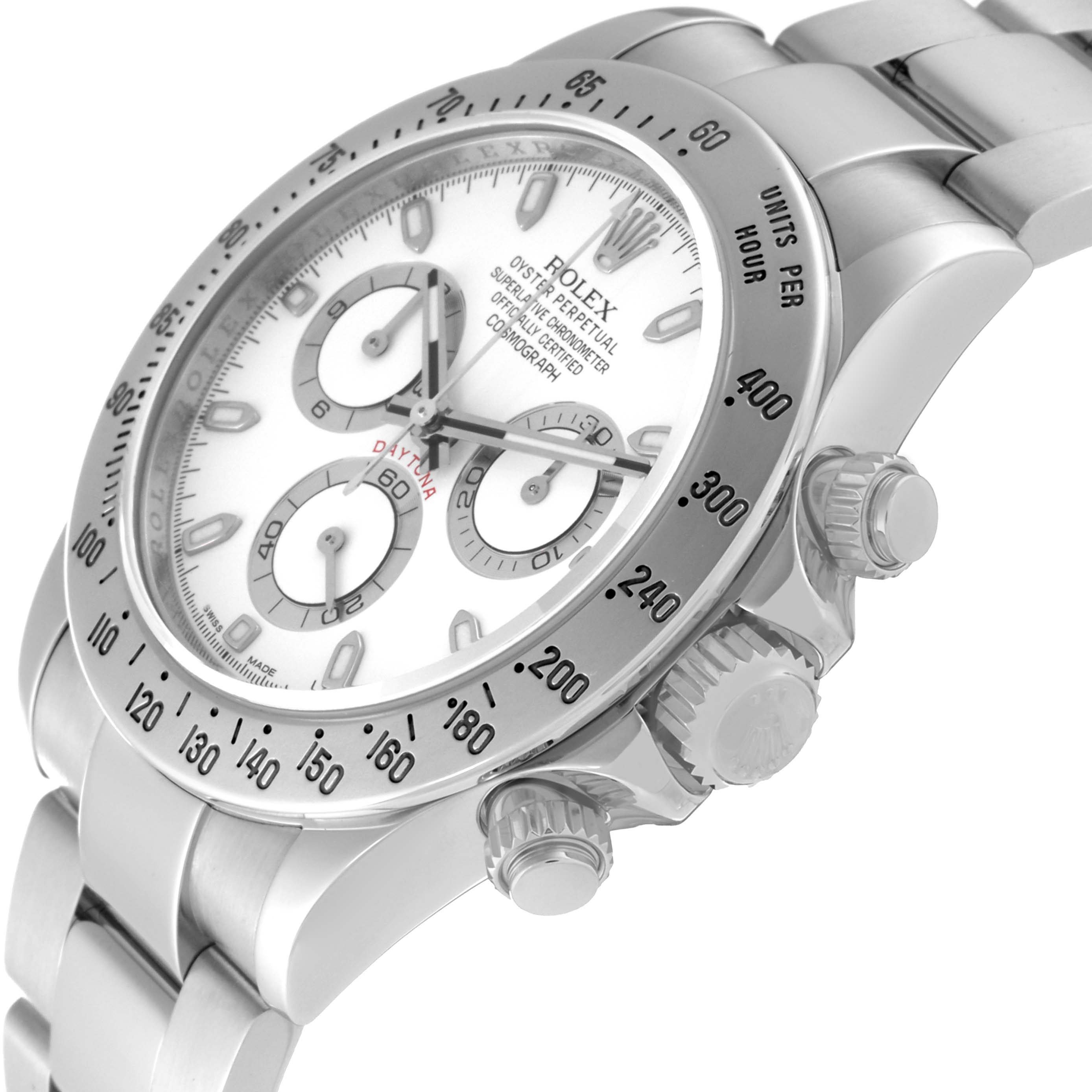 This image shows a side angle of the Rolex Daytona 116520 Men's Stainless Steel White Dial 116520 Men's Stainless Steel White Dial watch, highlighting its bezel, crown, pushers, and part of the bracelet.