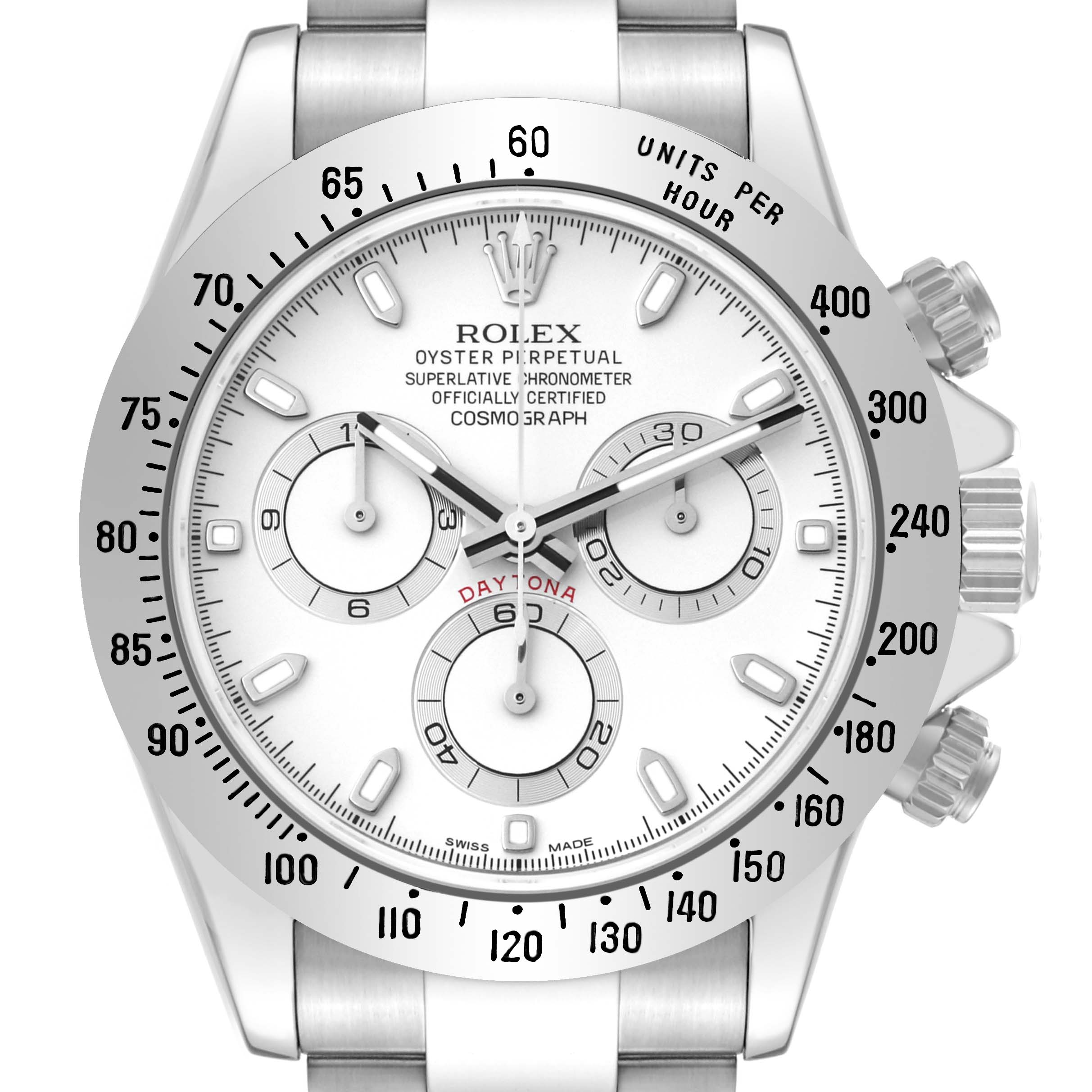 This image shows a frontal view of the Rolex Daytona 116520 Men's Stainless Steel White Dial 116520 Men's Stainless Steel White Dial watch, highlighting its dial, subdials, and bezel.
