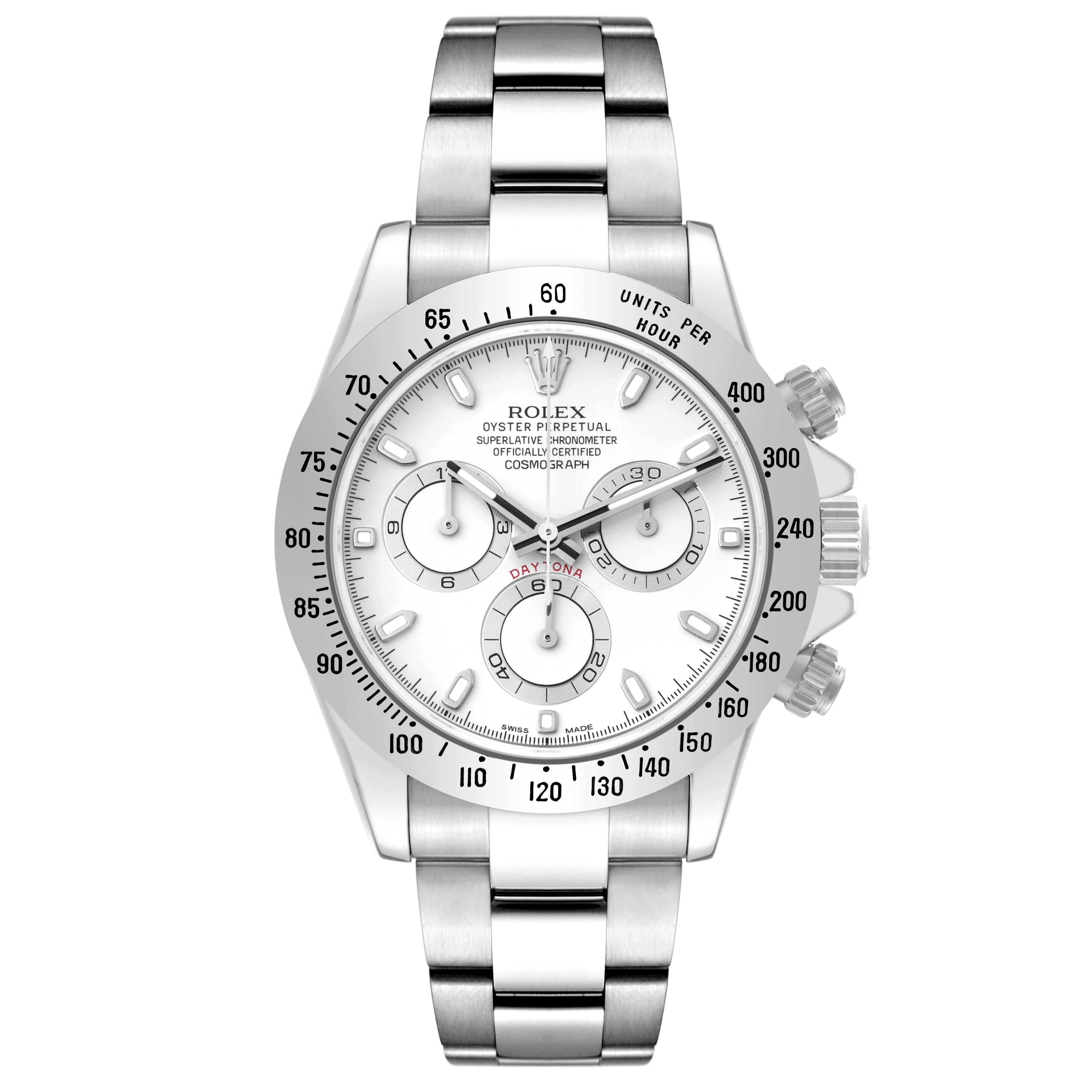 This image shows a front view of the Rolex Daytona 116520 Men's Stainless Steel White Dial 116520 Men's Stainless Steel White Dial watch, highlighting its face, bezel, crown, and stainless steel bracelet.