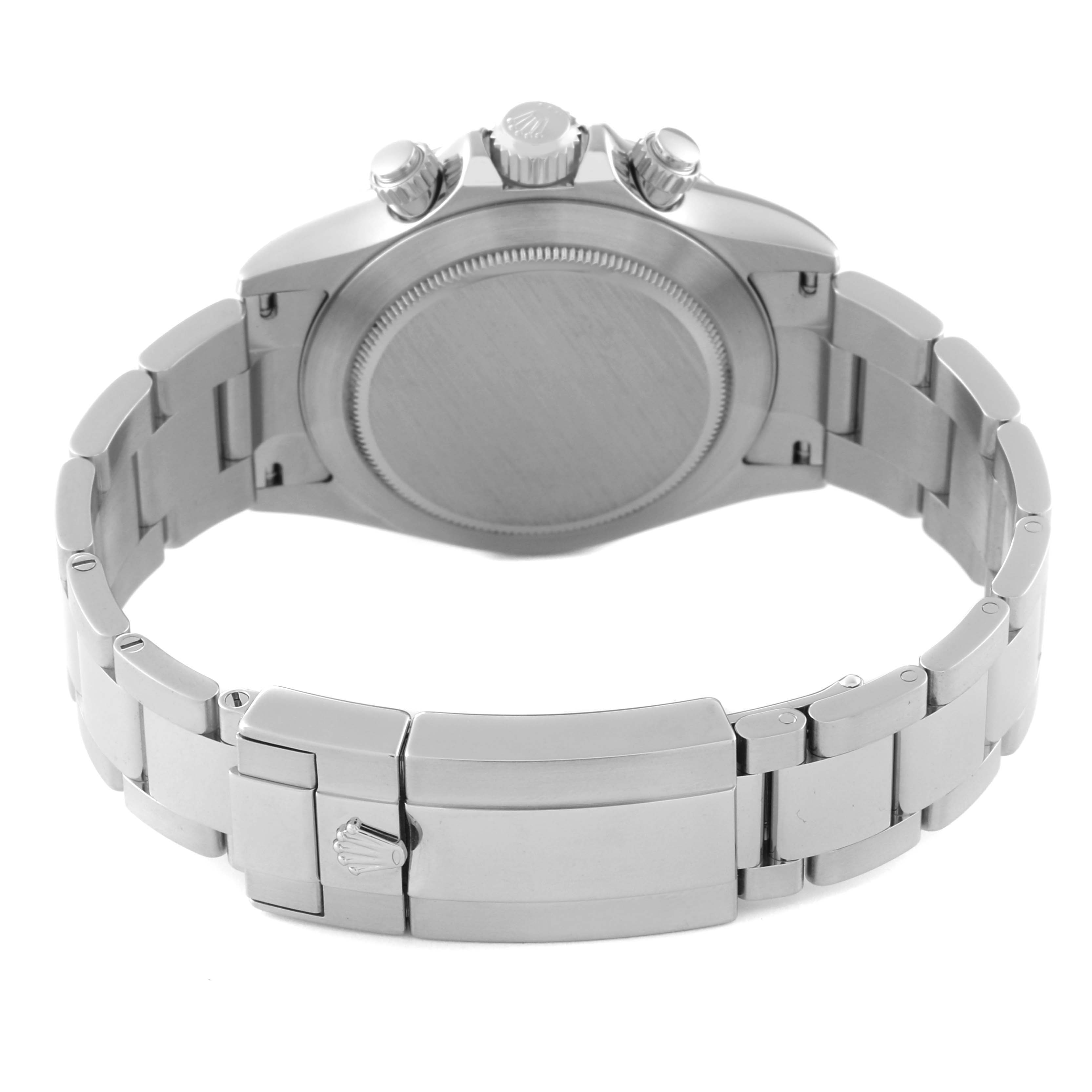This image shows the back and clasp area of the Rolex Daytona 116520 Men's Stainless Steel White Dial 116520 Men's Stainless Steel White Dial watch, focusing on the bracelet and caseback.