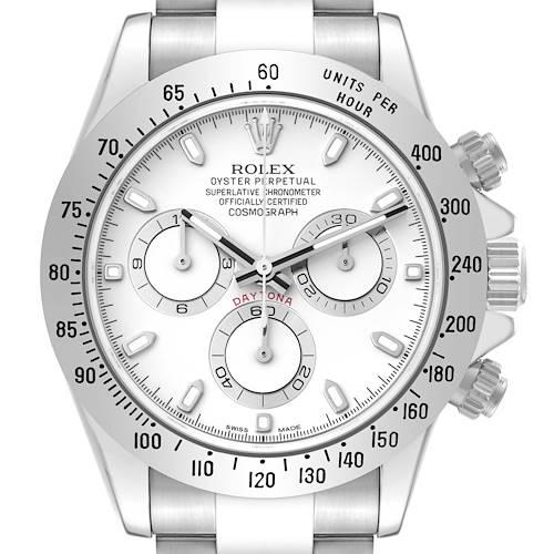 This Rolex Daytona watch is shown from a front angle, highlighting its dial, bezel, chronograph sub-dials, and bracelet.