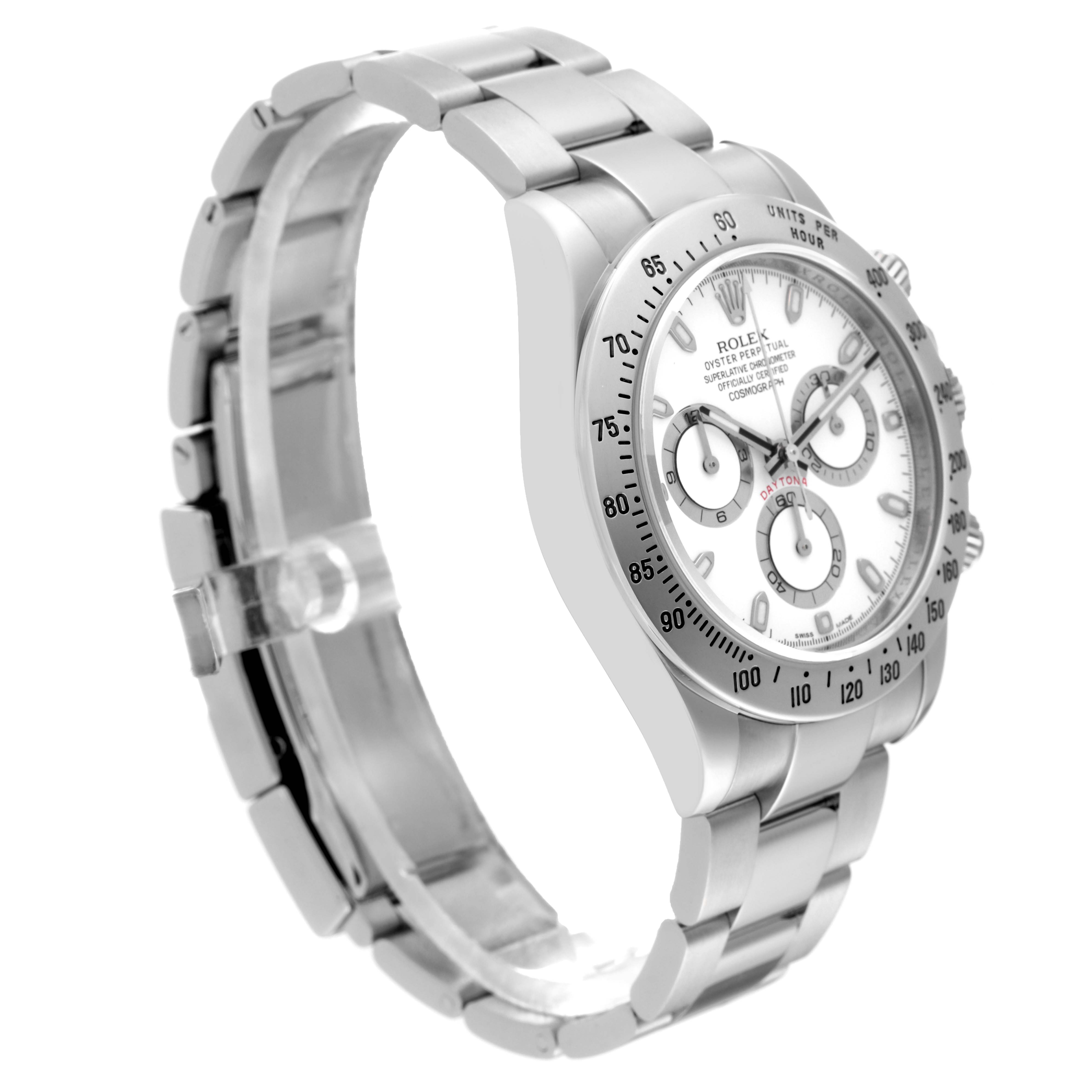 The image shows a side view of the Rolex Daytona 116520 Men's Stainless Steel White Dial 116520 Men's Stainless Steel White Dial model, highlighting its bracelet, bezel, and chronograph dials.
