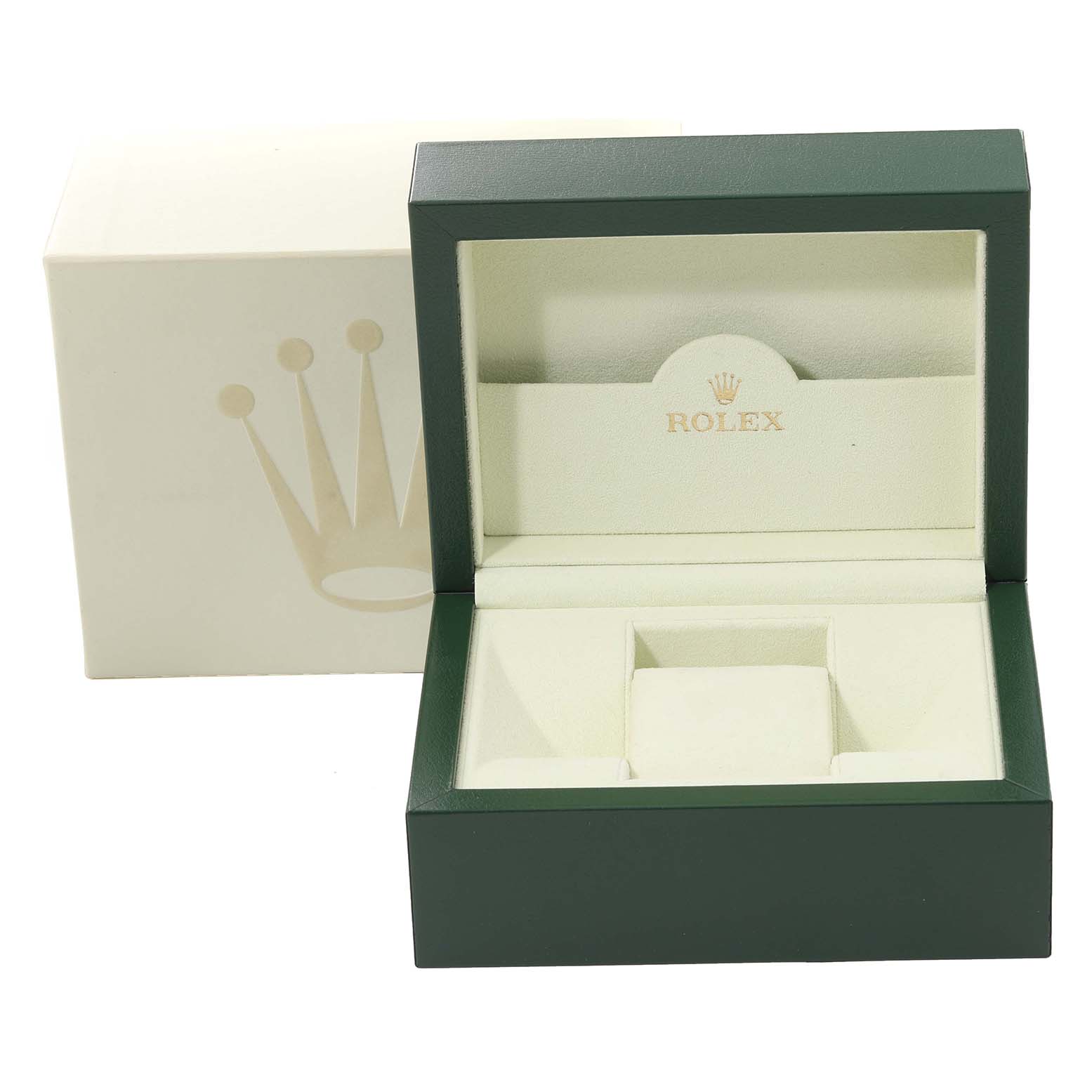 This image shows an open green Rolex Daytona 116520 Men's Stainless Steel White Dial 116520 Men's Stainless Steel White Dial watch box with a cushioned interior and the Rolex logo.