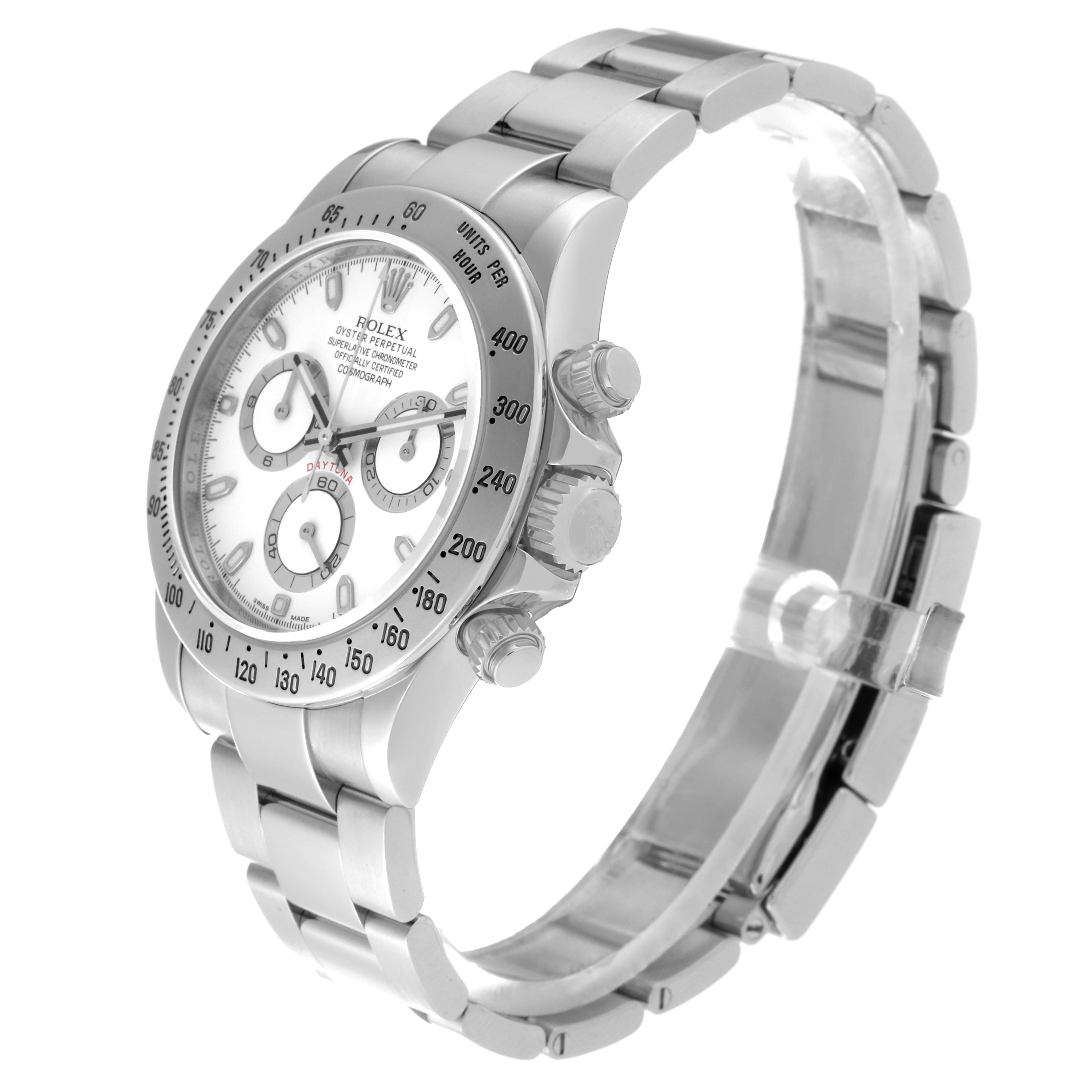 The image shows a Rolex Daytona 116520 Men's Stainless Steel White Dial 116520 Men's Stainless Steel White Dial model watch from a side angle, highlighting its dial, bezel, crown, pushers, and bracelet.