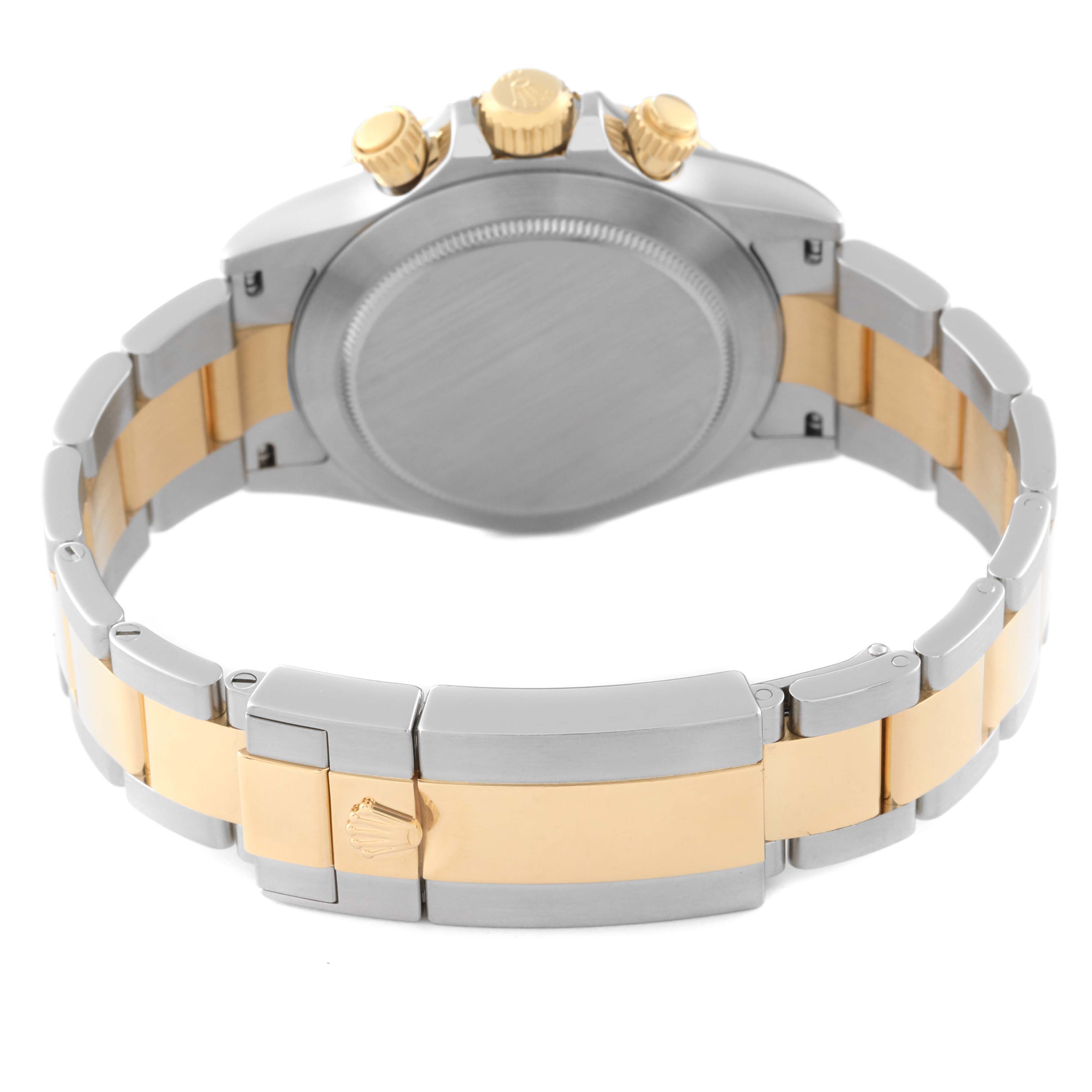 This image shows the back view of a Rolex Daytona 116503 Men's Steel and Gold (two tone) Black Dial 116503 Men's Steel and Gold (two tone) Black Dial model, including the case back, crown, and two-tone bracelet.