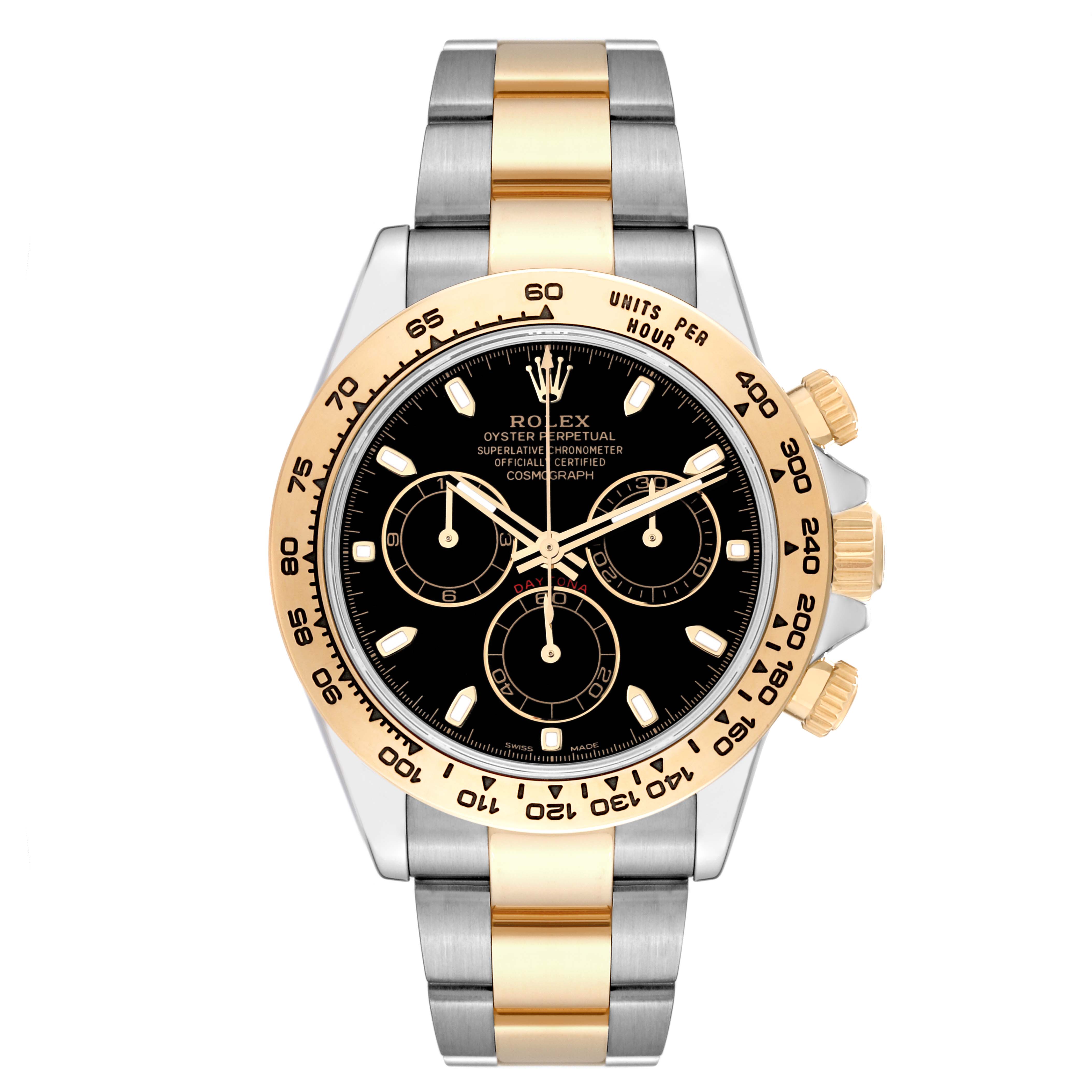 The image shows a front view of a Rolex Daytona 116503 Men's Steel and Gold (two tone) Black Dial 116503 Men's Steel and Gold (two tone) Black Dial watch, featuring a black dial, gold bezel, and two-tone metal bracelet.