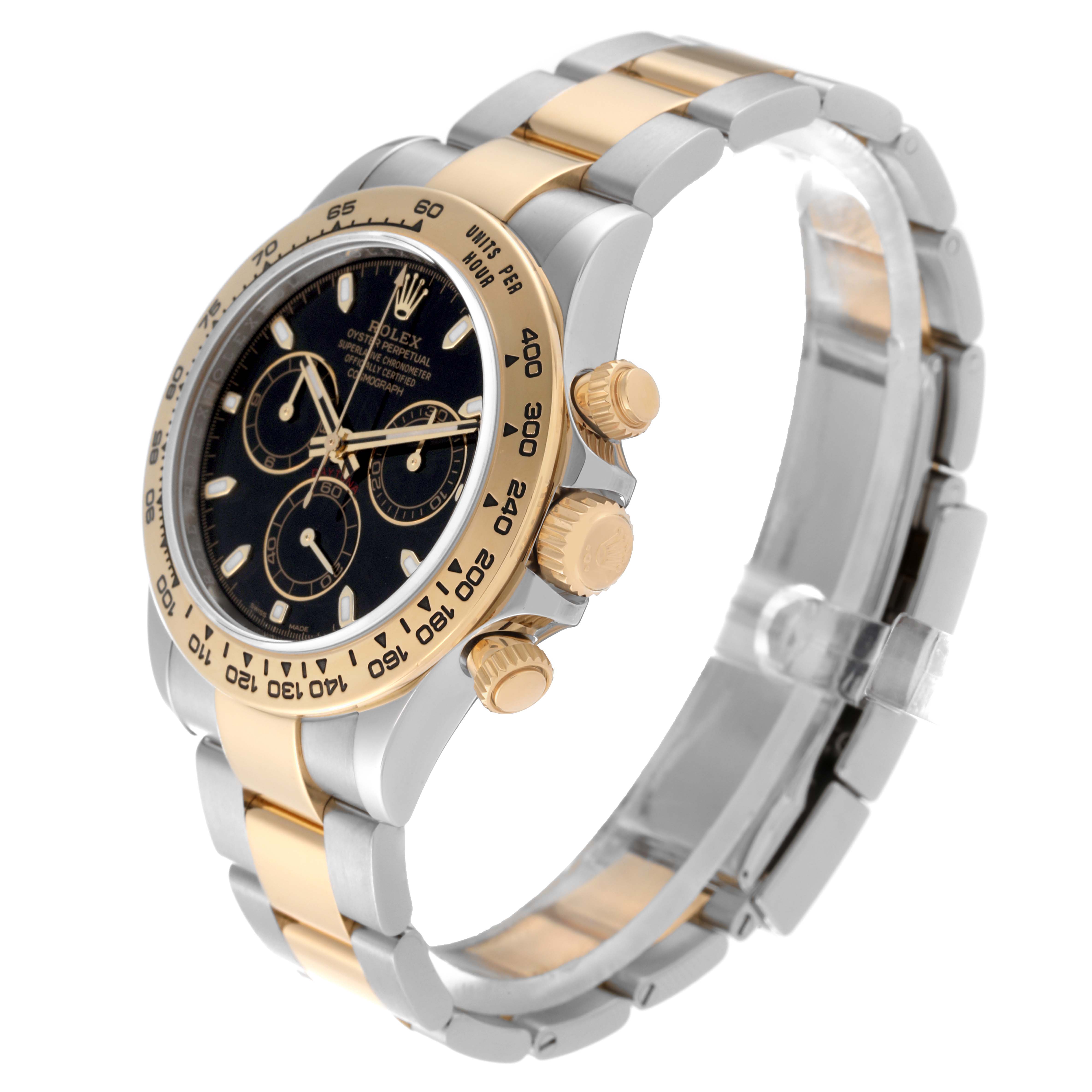 This image shows a Rolex Daytona 116503 Men's Steel and Gold (two tone) Black Dial 116503 Men's Steel and Gold (two tone) Black Dial watch at a three-quarter angle, highlighting the bezel, dial, and bracelet.