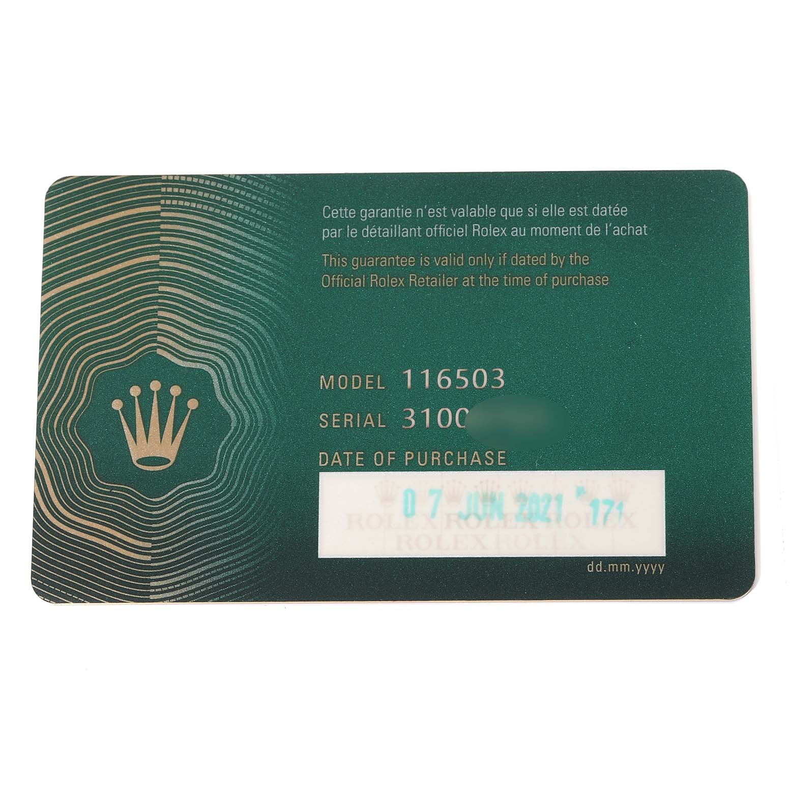 The image shows a warranty card for a Rolex Daytona 116503 Men's Steel and Gold (two tone) Black Dial 116503 Men's Steel and Gold (two tone) Black Dial model 116503, displaying the model number, serial number, and date of purchase.