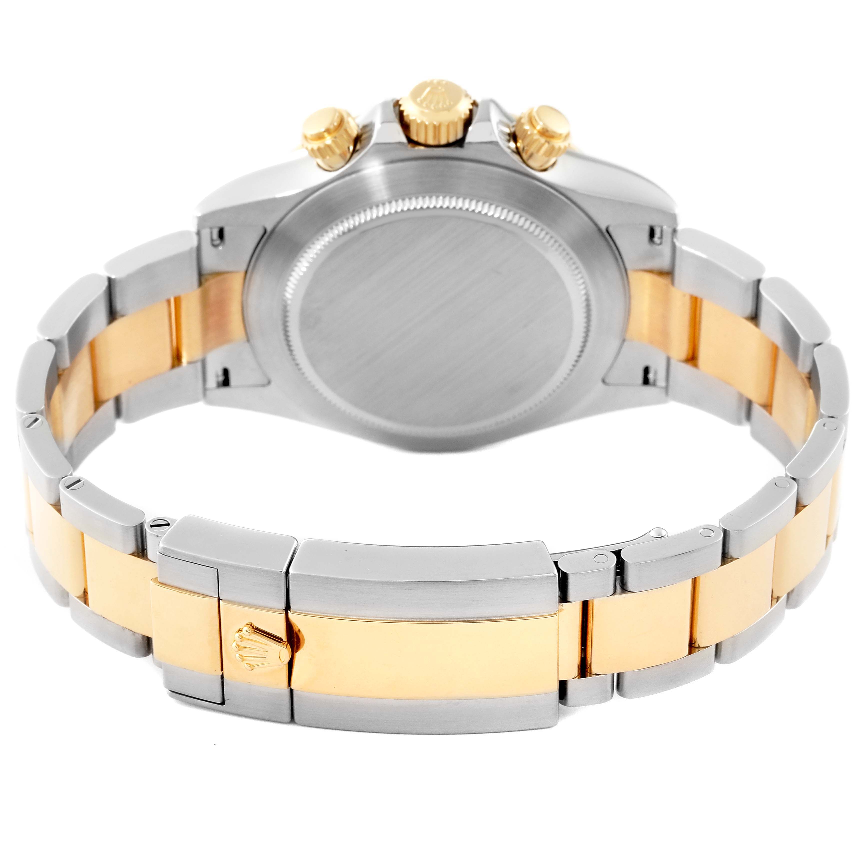 This image shows the back and bracelet of a Rolex Daytona 116503 Men
s Steel and Gold (two tone) Black Dial 116503 Men
s Steel and Gold (two tone) Black Dial watch, highlighting the two-tone silver and gold metal finish.