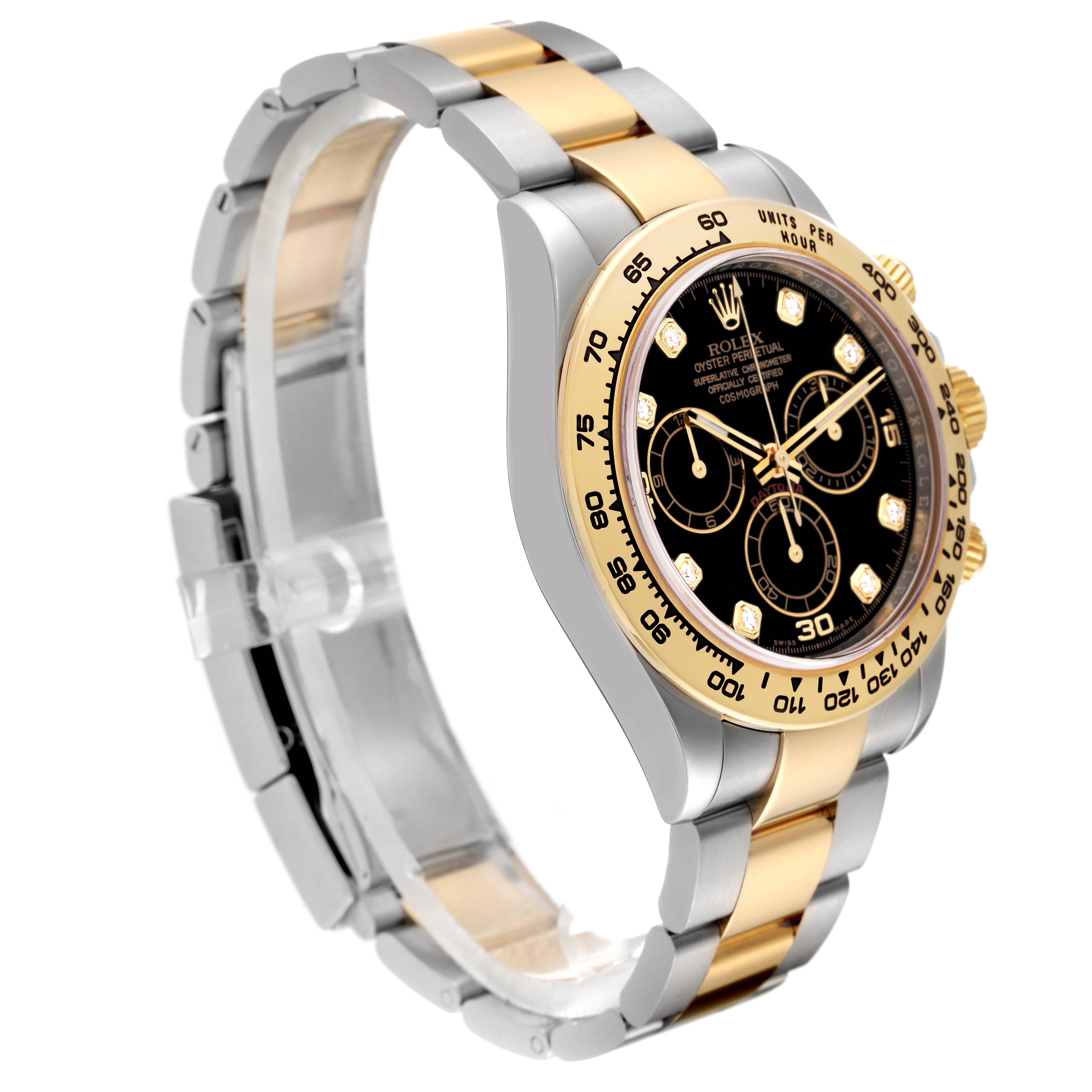 The image shows a side angle of the Rolex Daytona 116503 Men
s Steel and Gold (two tone) Black Dial 116503 Men
s Steel and Gold (two tone) Black Dial watch, highlighting its black dial, gold bezel, and two-tone metal bracelet.